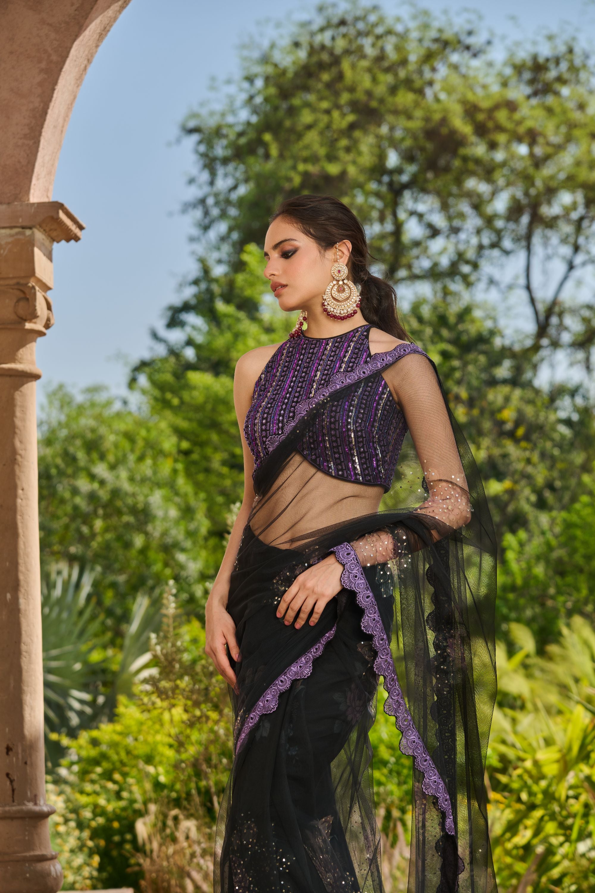 Hand Embroidered Blouse with Printed Embelished Saree and Petticoat