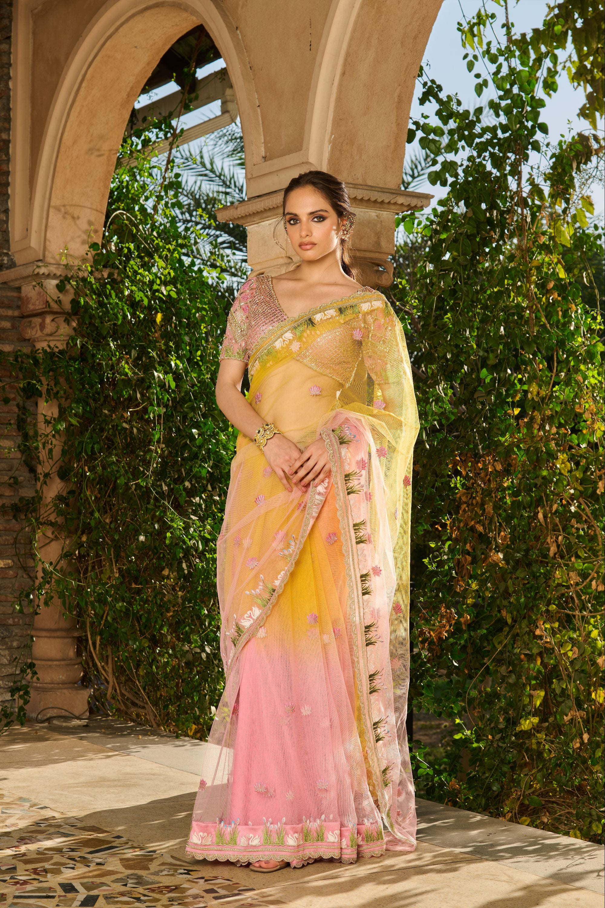 Hand Embroidered Blouse and Ombre Saree with Petticoat