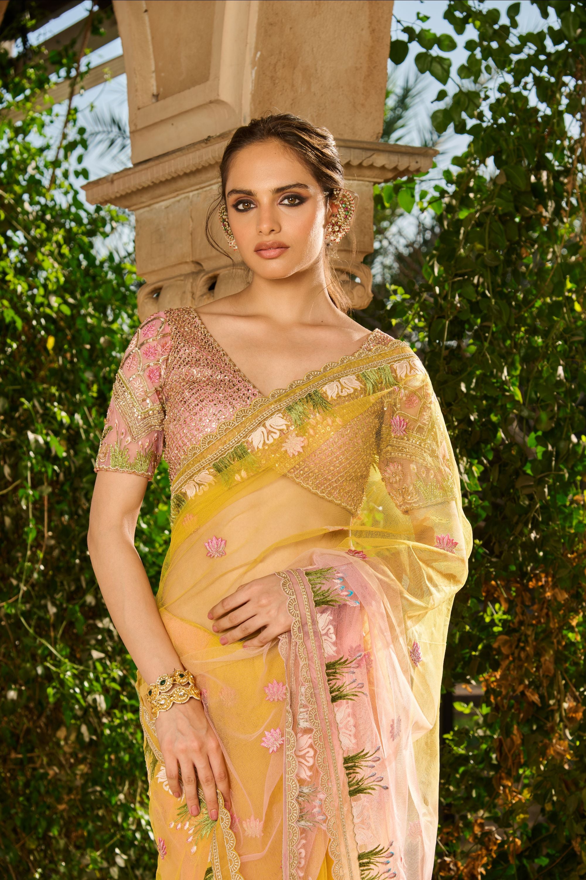 Hand Embroidered Blouse and Ombre Saree with Petticoat