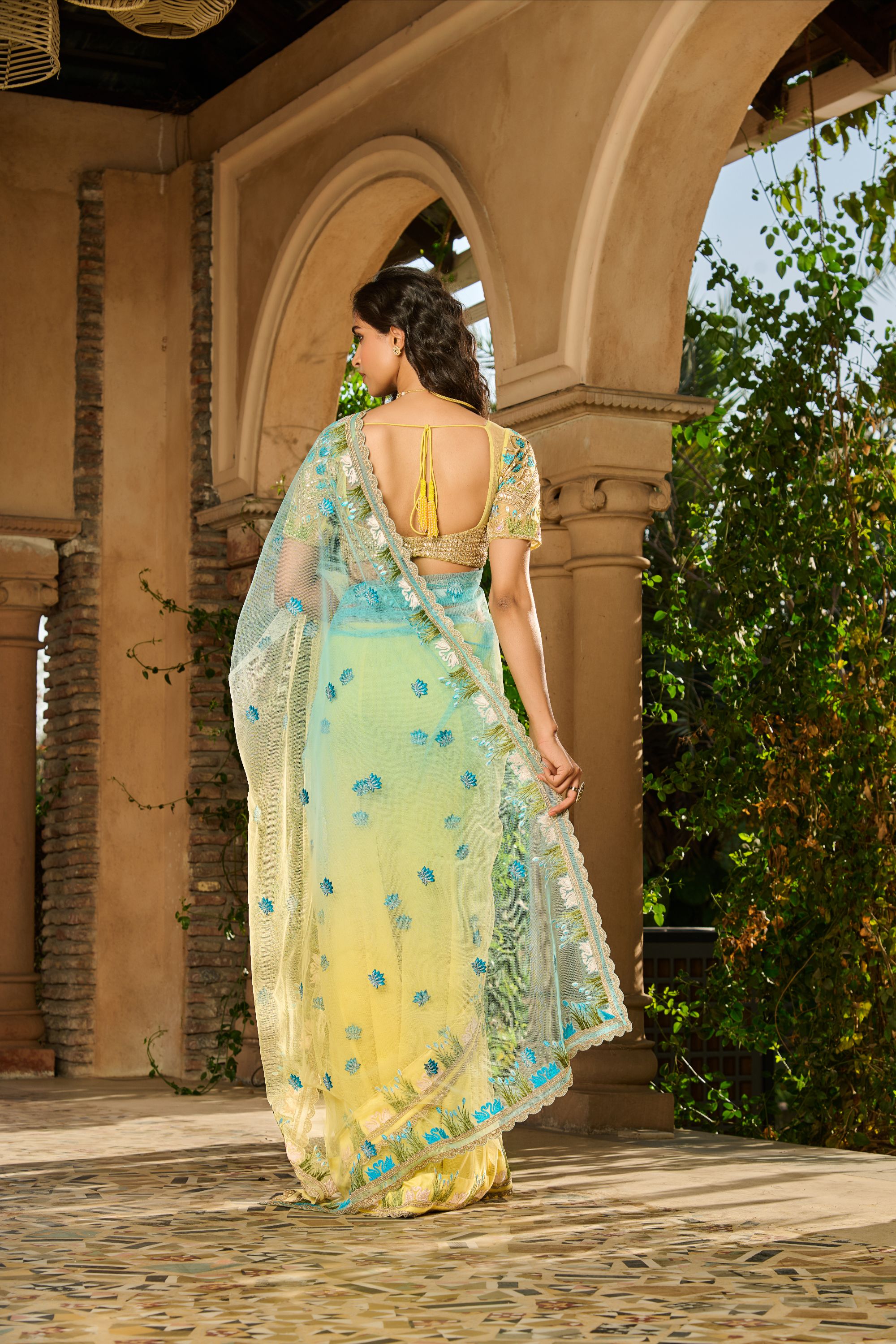Hand Embroidered Blouse and Ombre Saree with Petticoat
