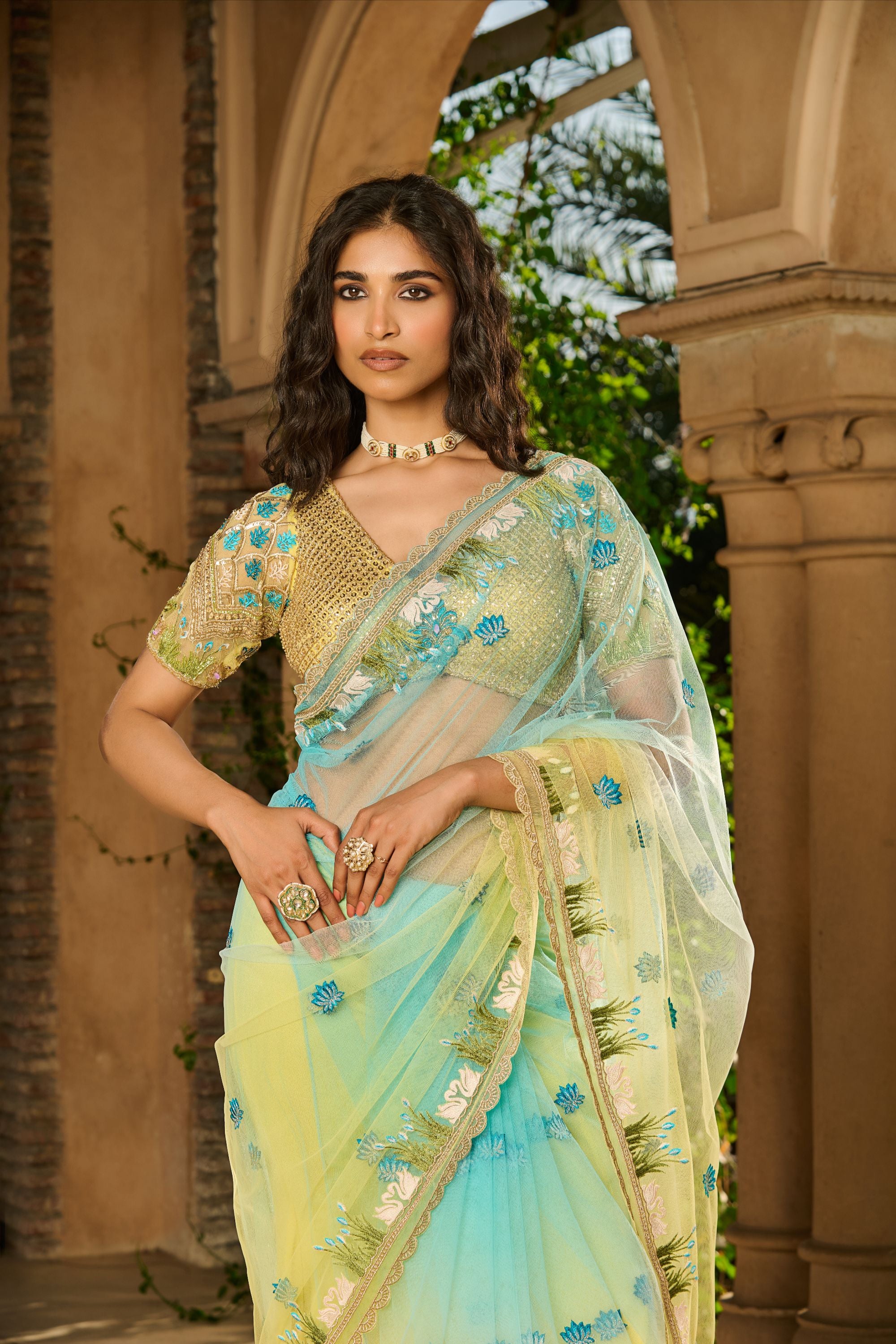 Hand Embroidered Blouse and Ombre Saree with Petticoat