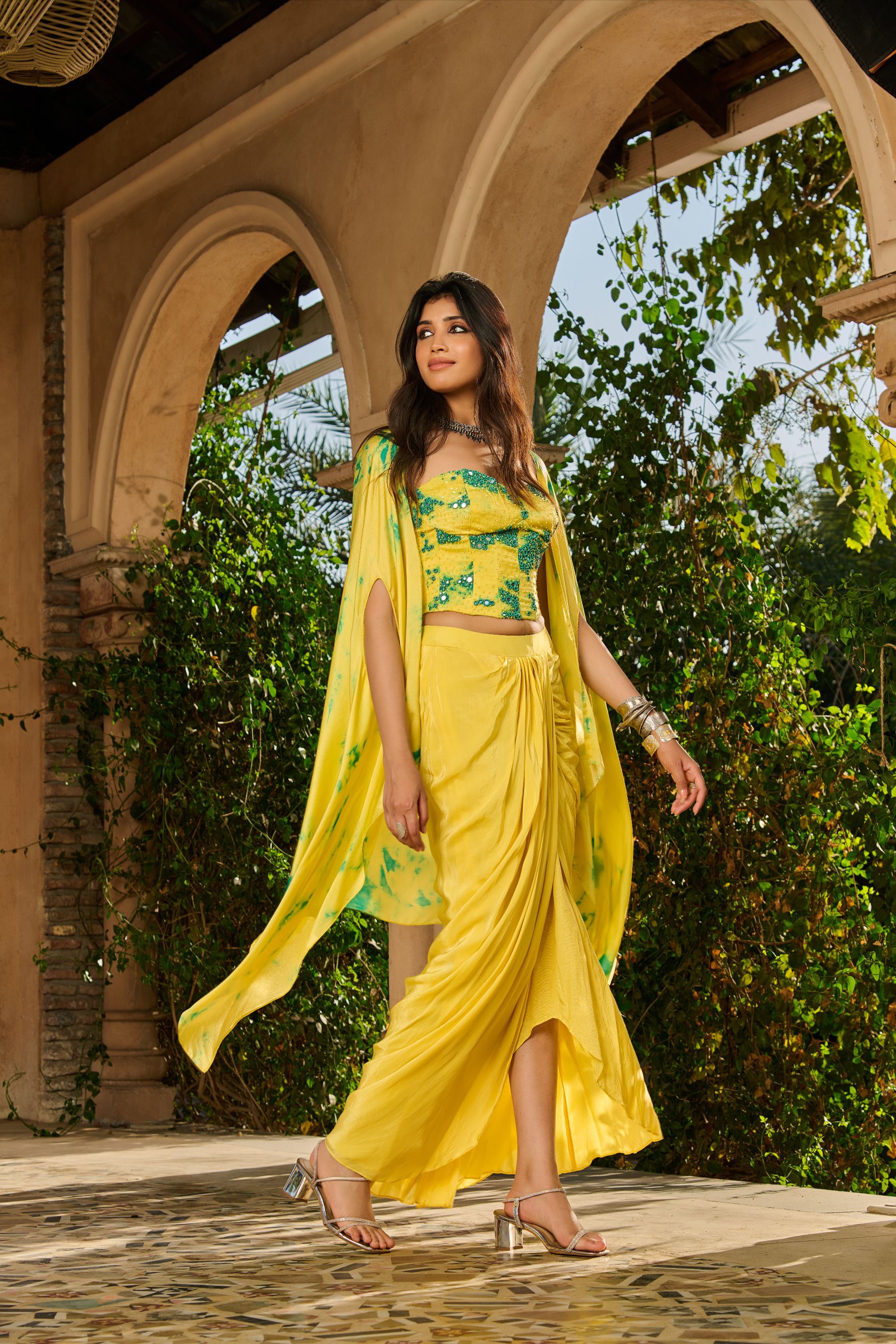 Hand Embelished Tie Dyed Corset with Dhoti Skirt