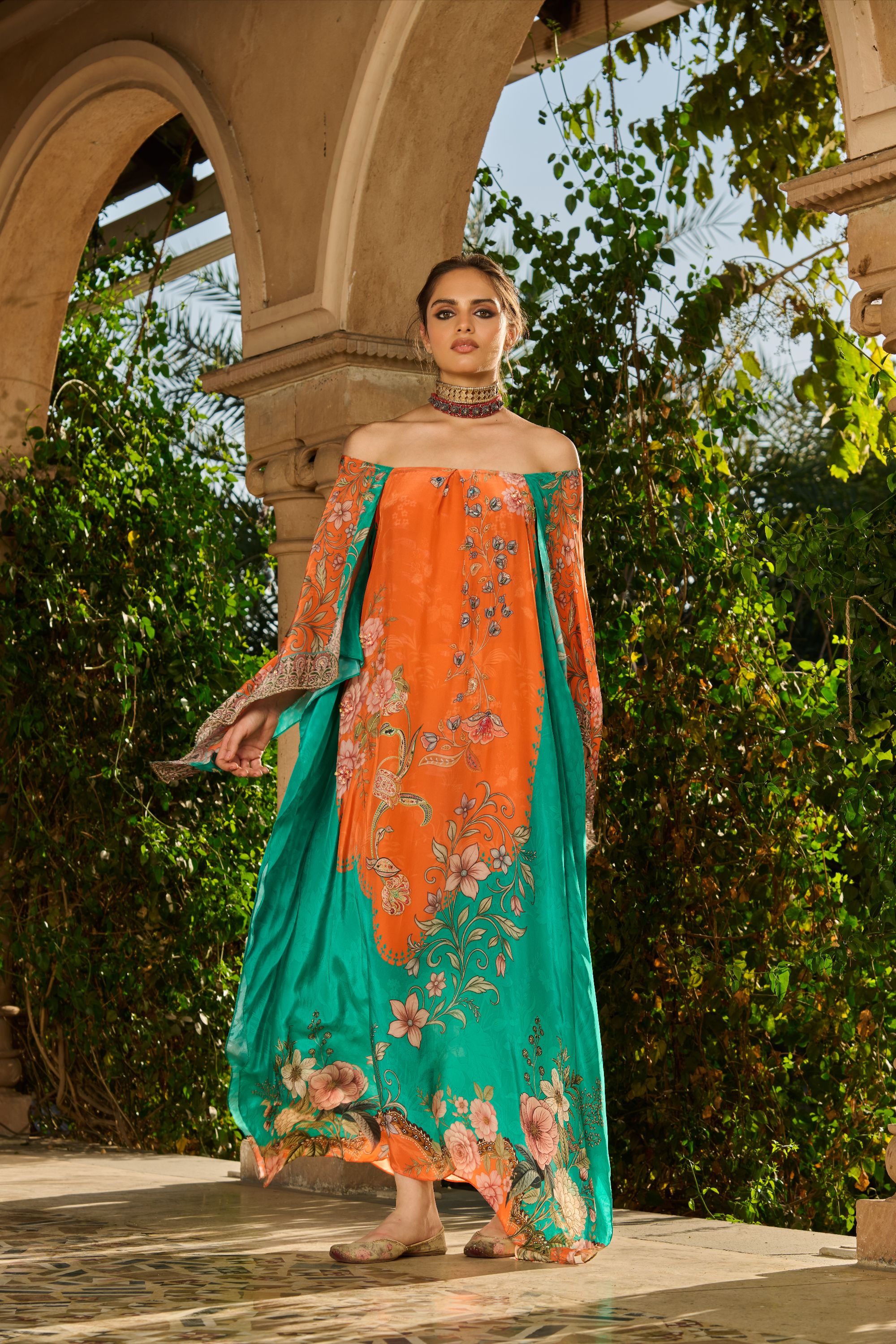 Hand Embelished Off-Shoulder Printed Kaftan