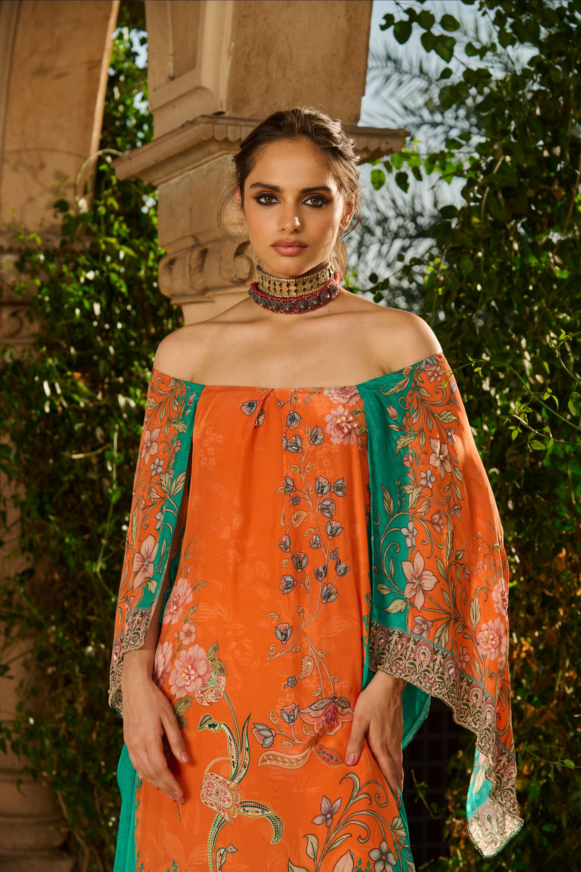 Hand Embelished Off-Shoulder Printed Kaftan
