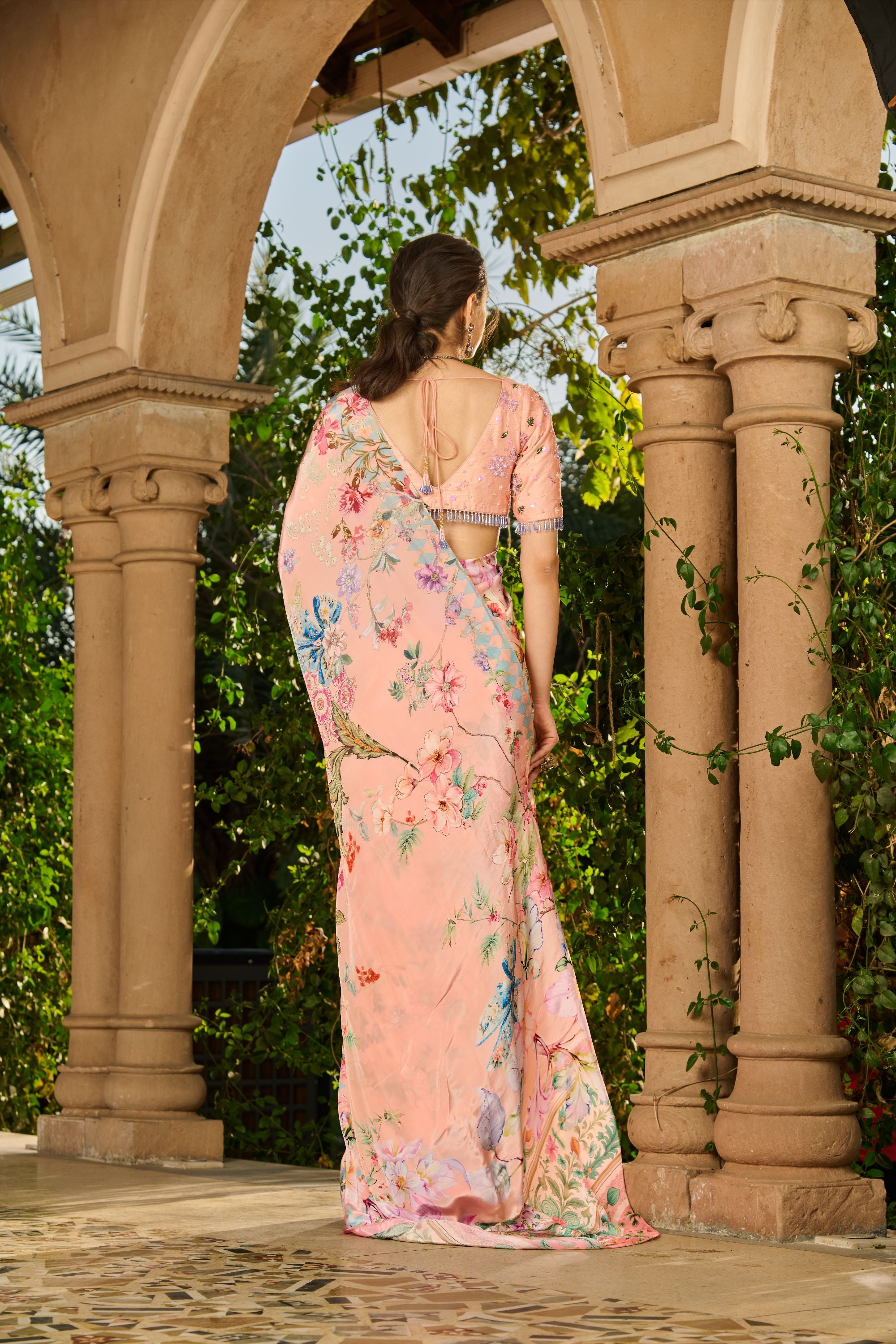 Hand Embroidrered Blouse with Printed Saree and Petticoat