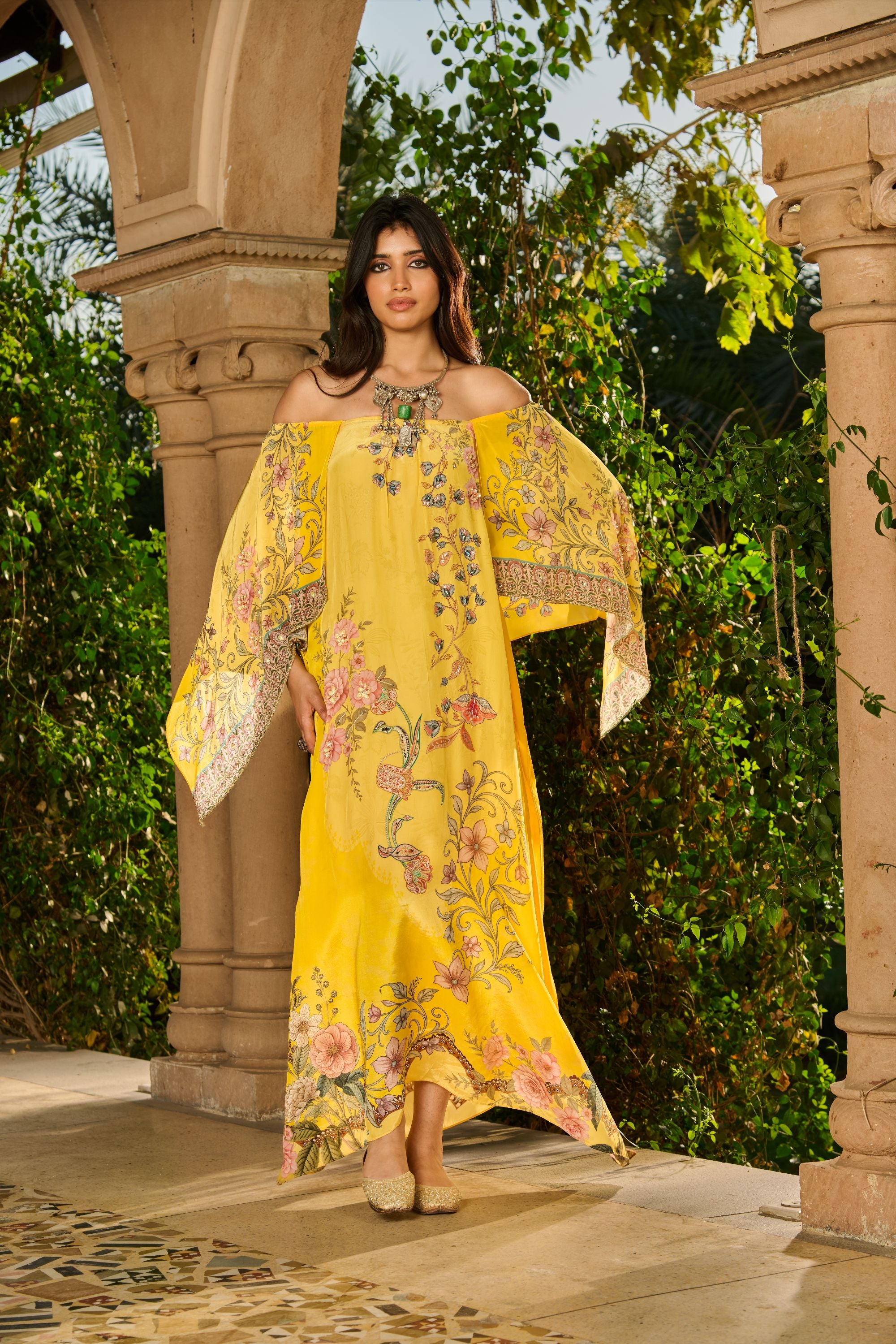 Hand Embelished Off-Shoulder Printed Kaftan