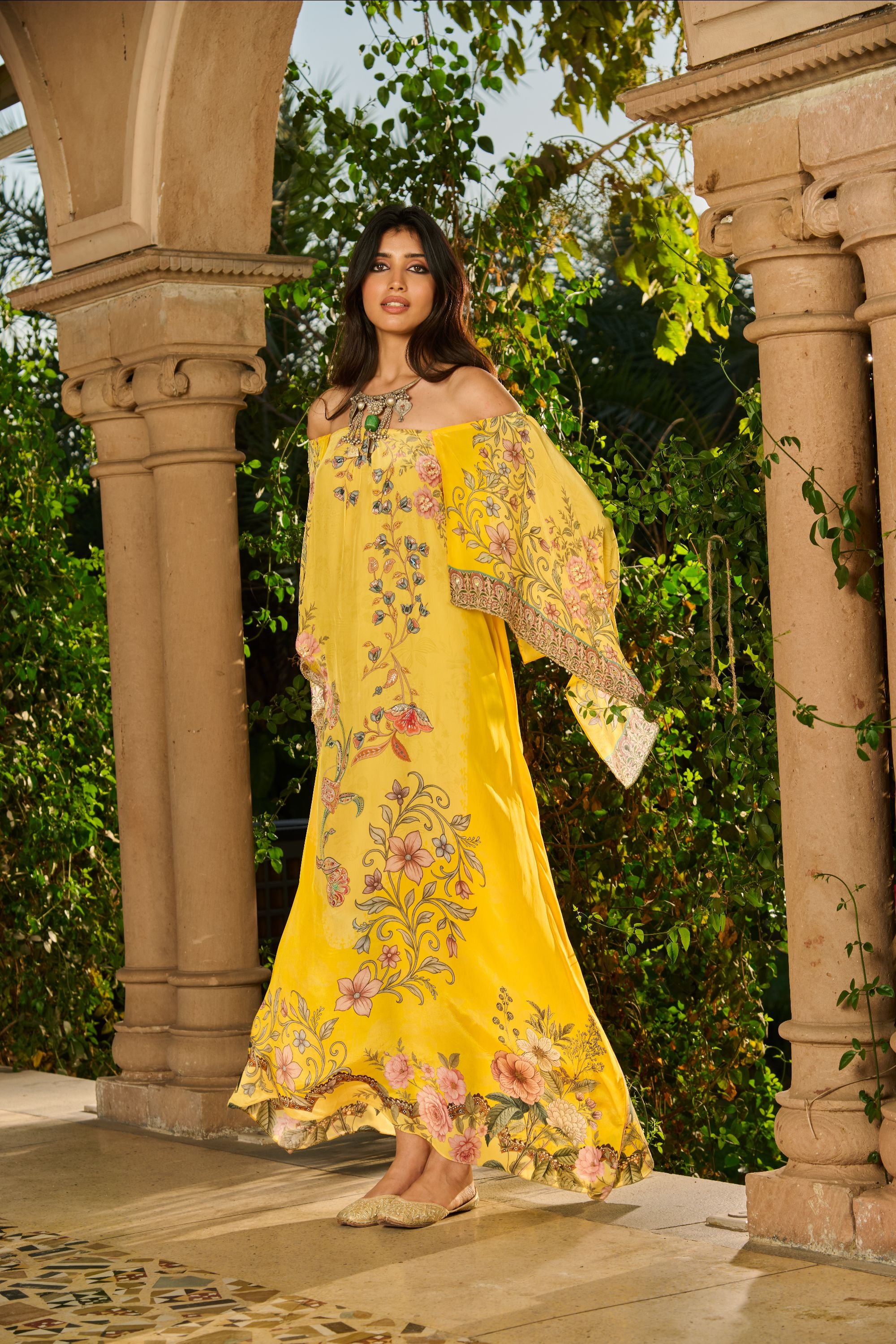 Hand Embelished Off-Shoulder Printed Kaftan