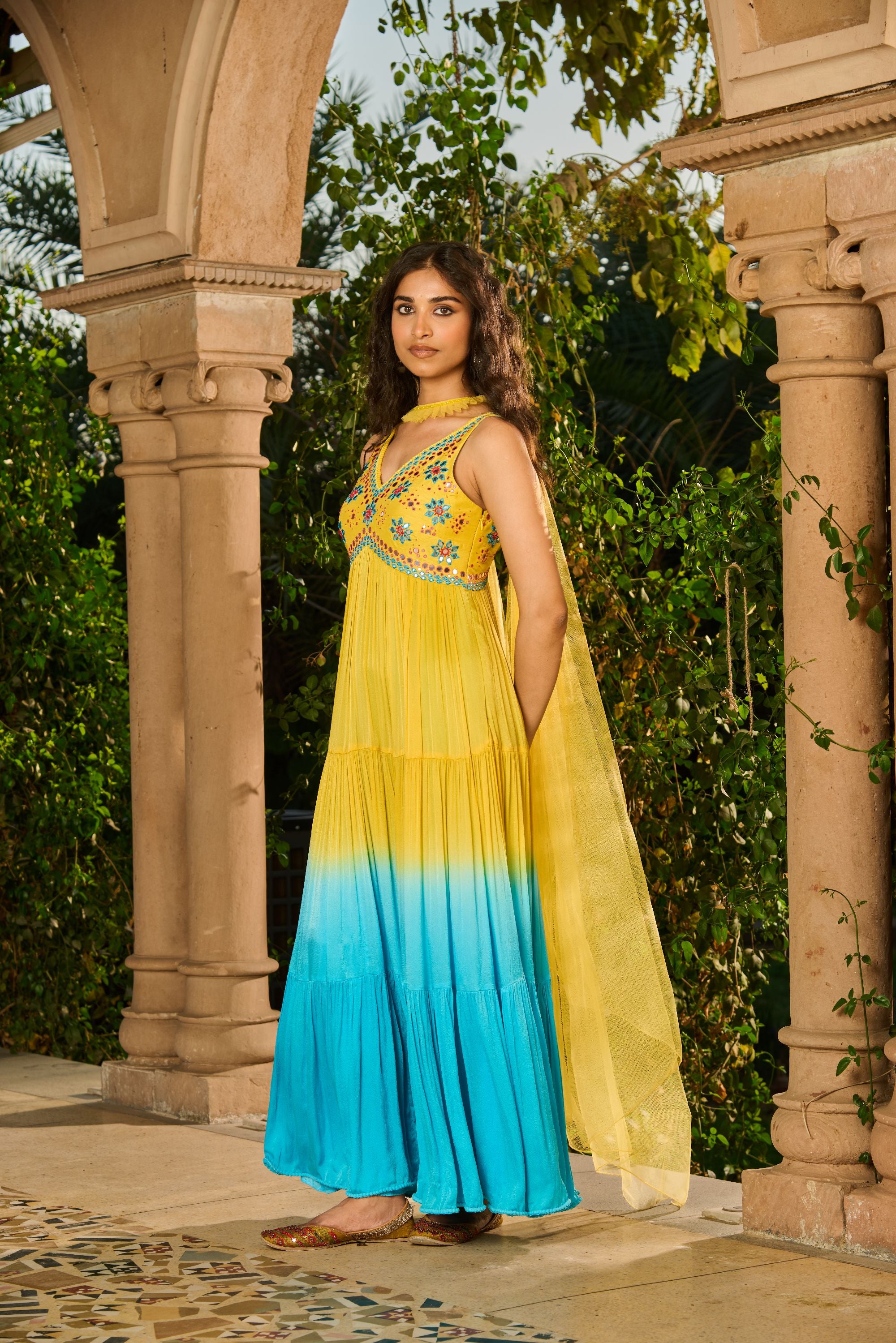 Hand Embroidered Top Ombre Anarkali
