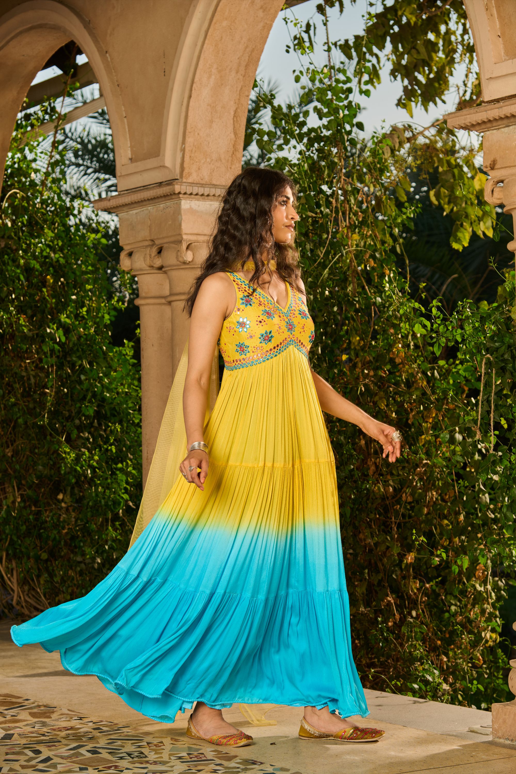 Hand Embroidered Top Ombre Anarkali