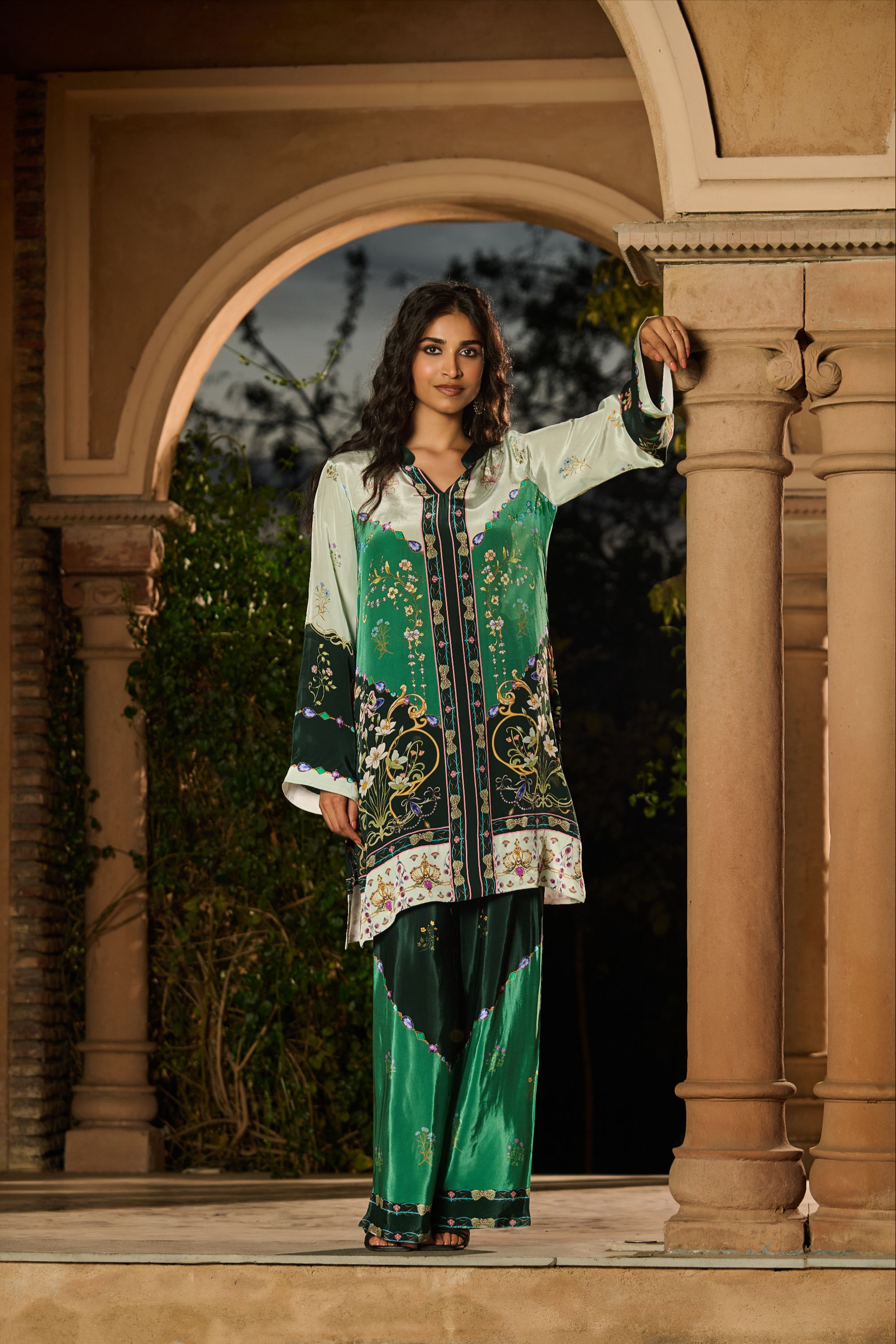 Silky Printed Co-Ord Set - Emarald Green