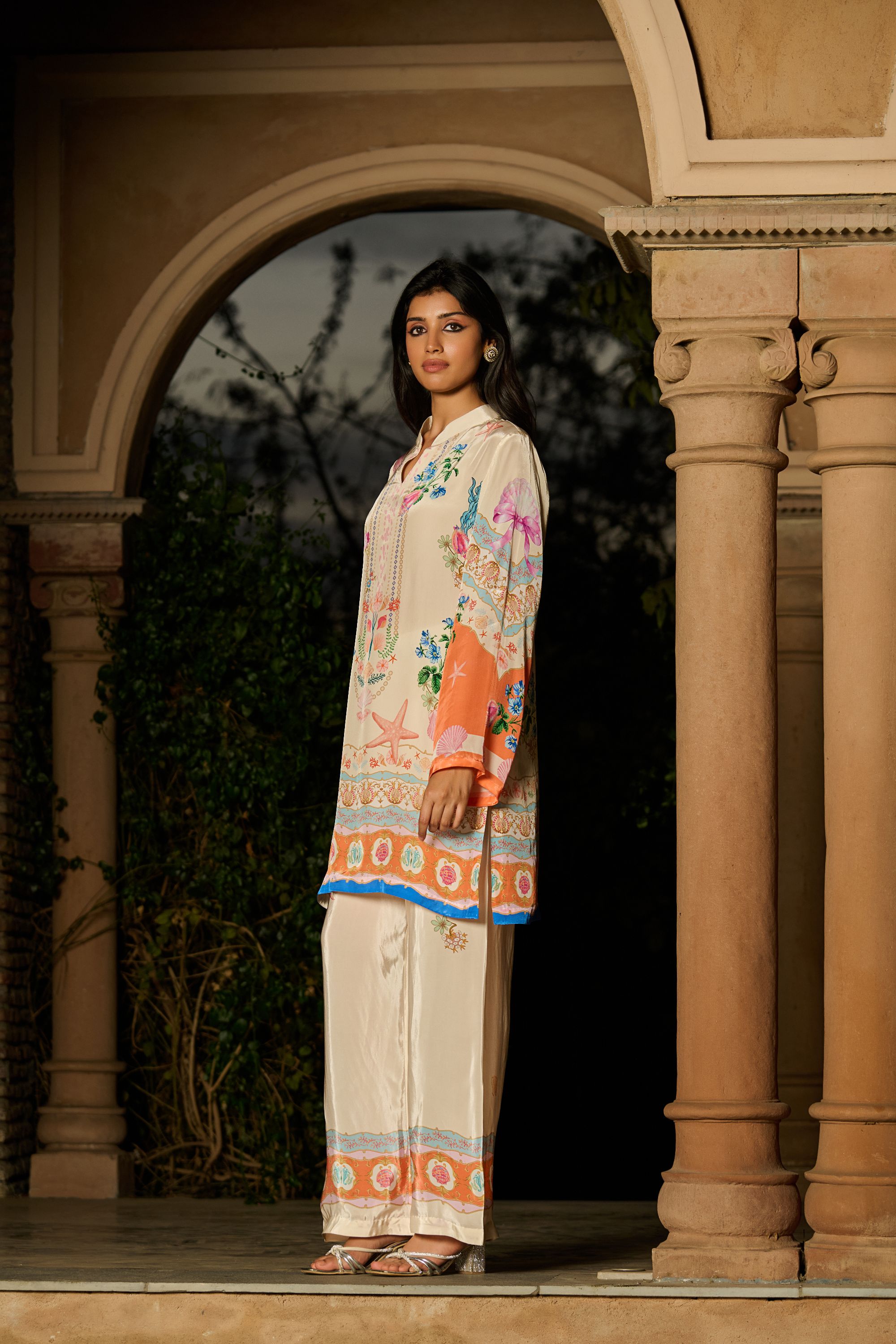 Silky Printed Co-Ord Set - Ivory