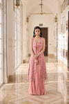 Hand Embelished Long jacket with Rushing Skirt and Bustier - Peach