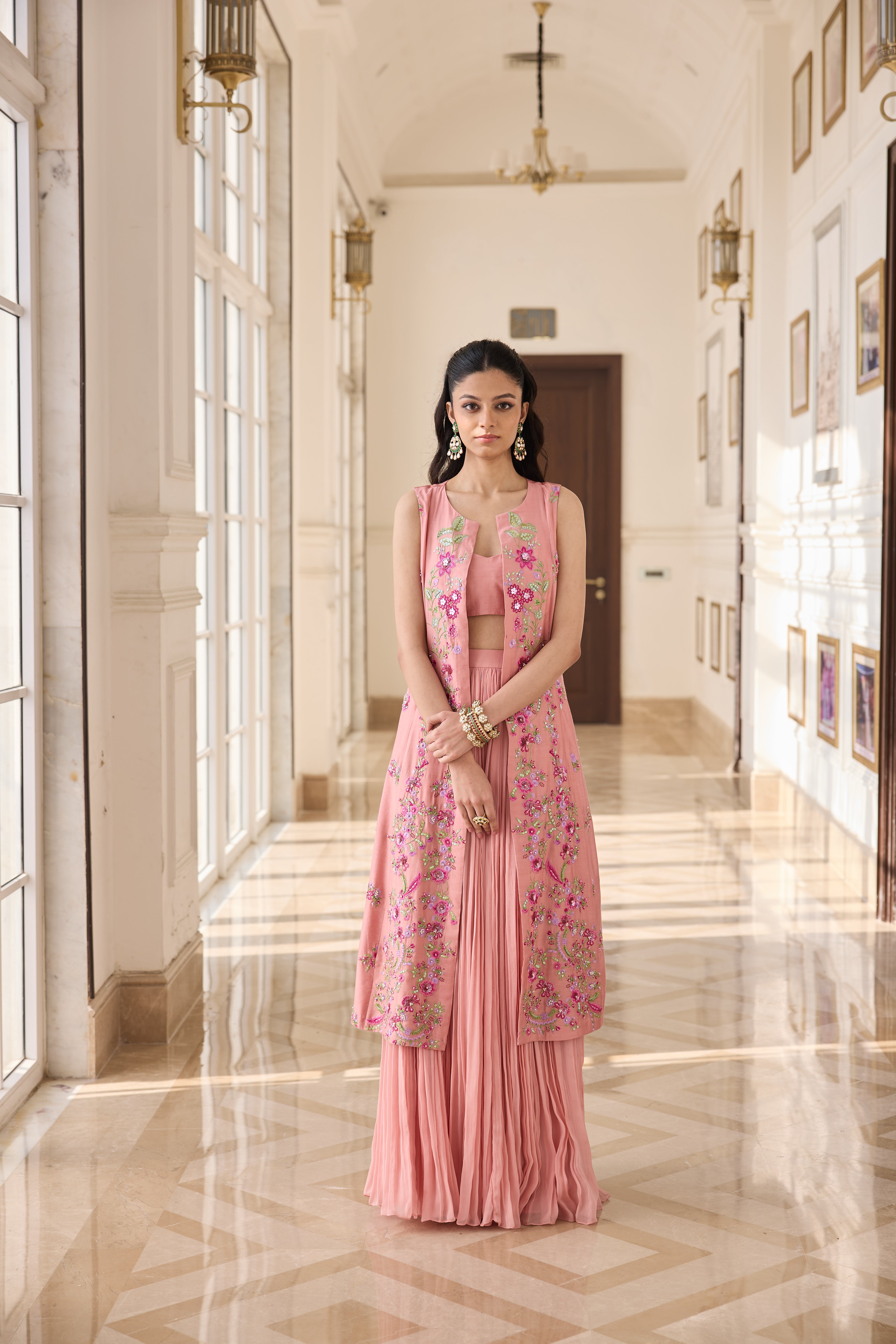 Hand Embelished Long jacket with Rushing Skirt and Bustier - Peach