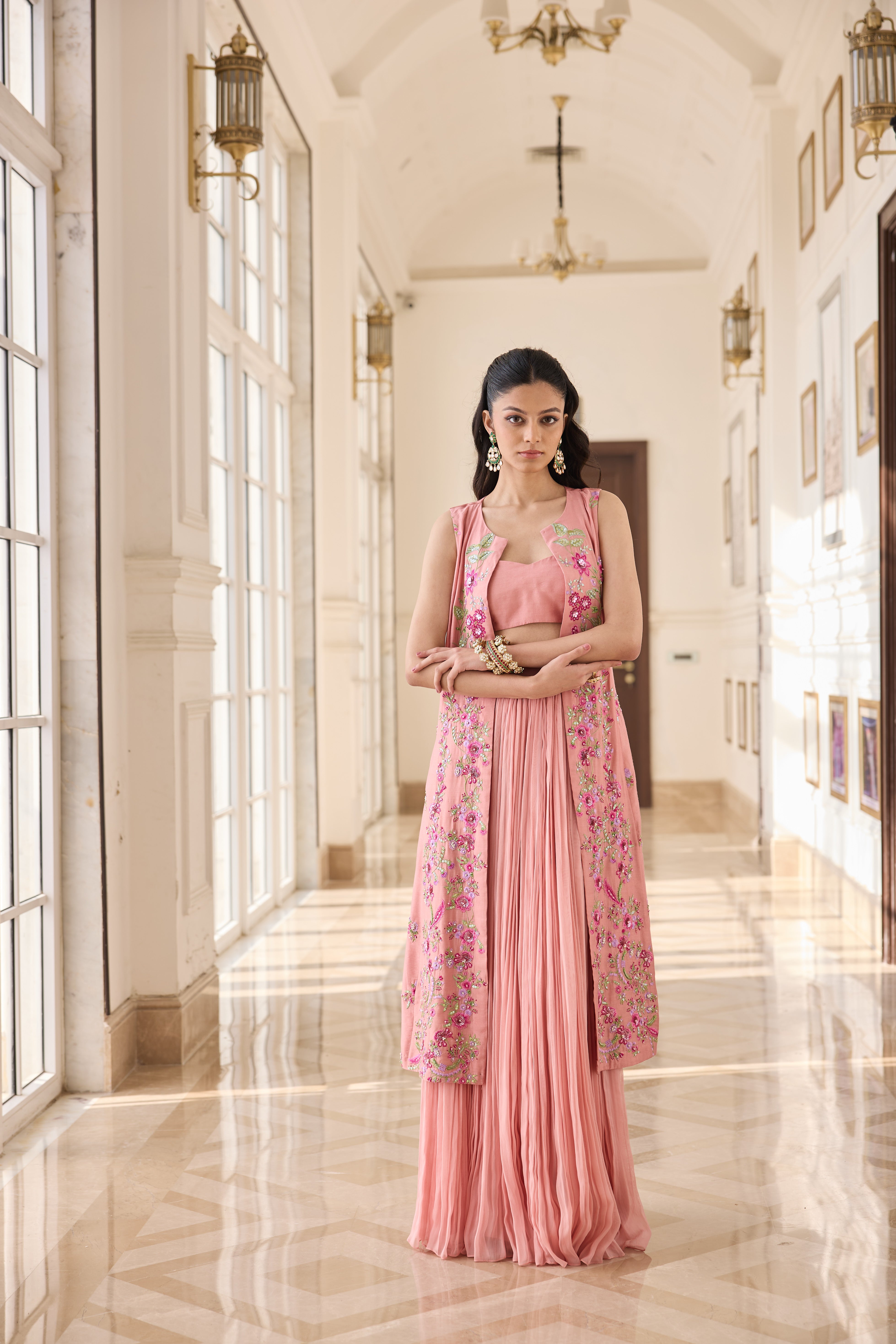 Hand Embelished Long jacket with Rushing Skirt and Bustier - Peach