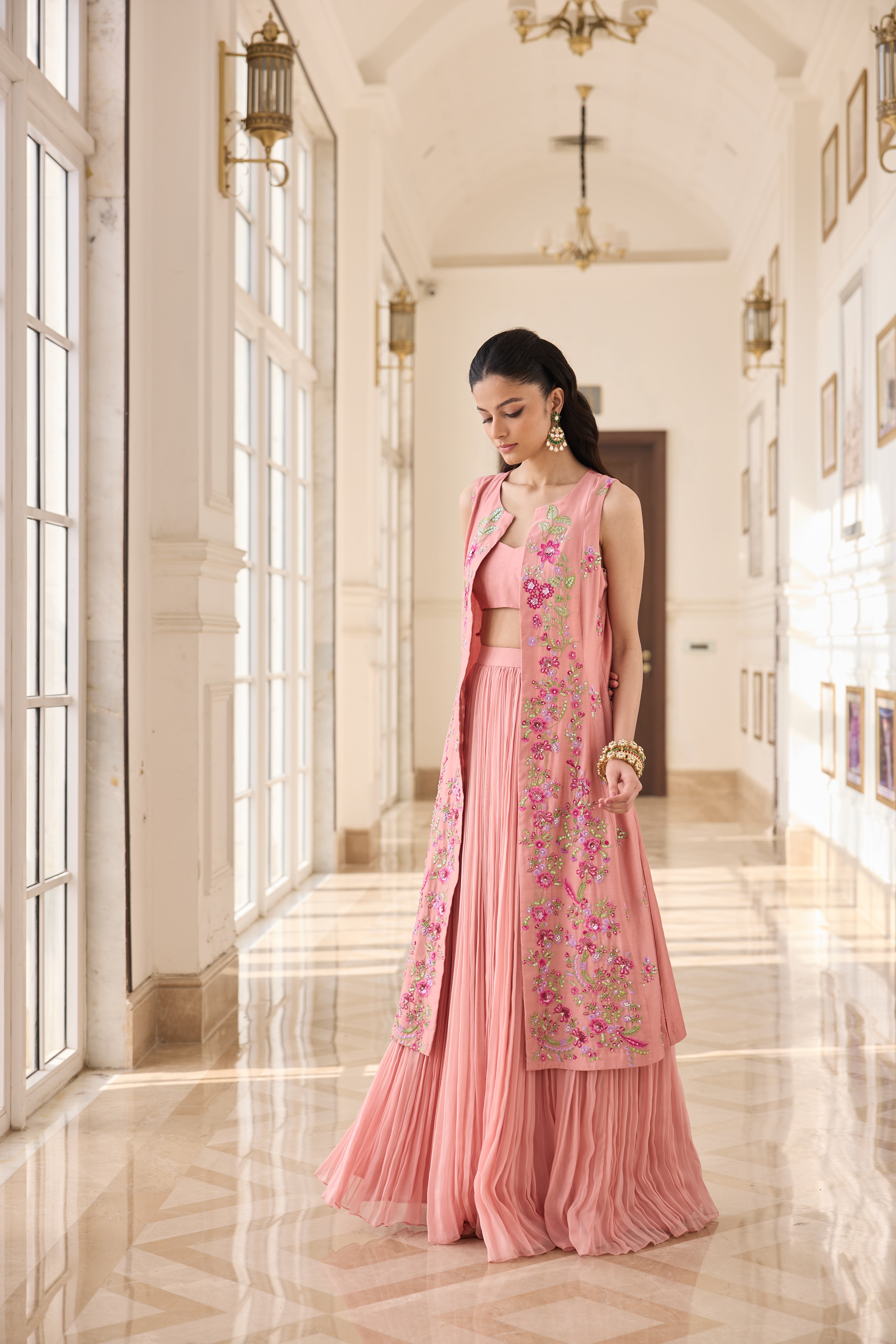 Hand Embelished Long jacket with Rushing Skirt and Bustier - Peach