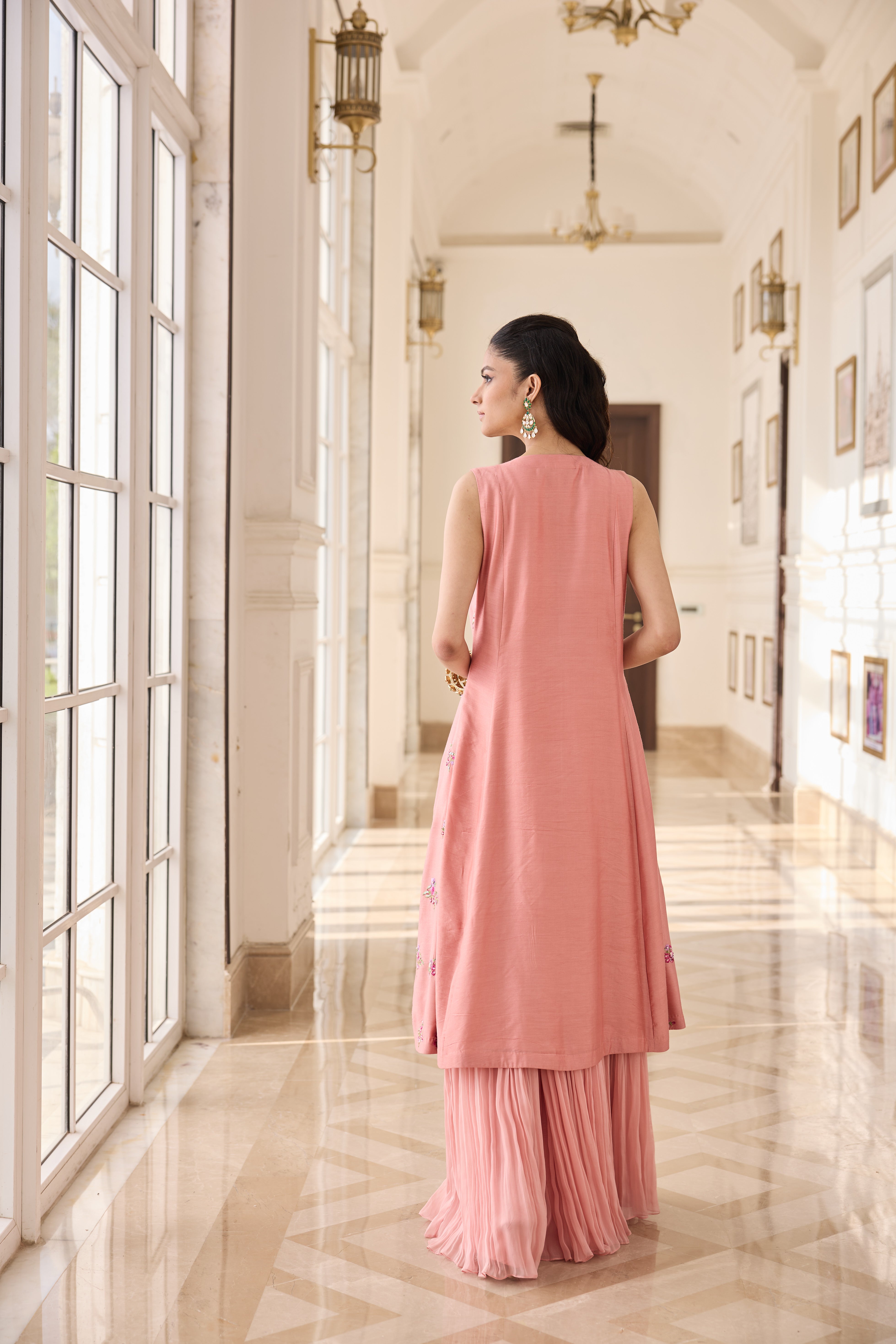 Hand Embelished Long jacket with Rushing Skirt and Bustier - Peach