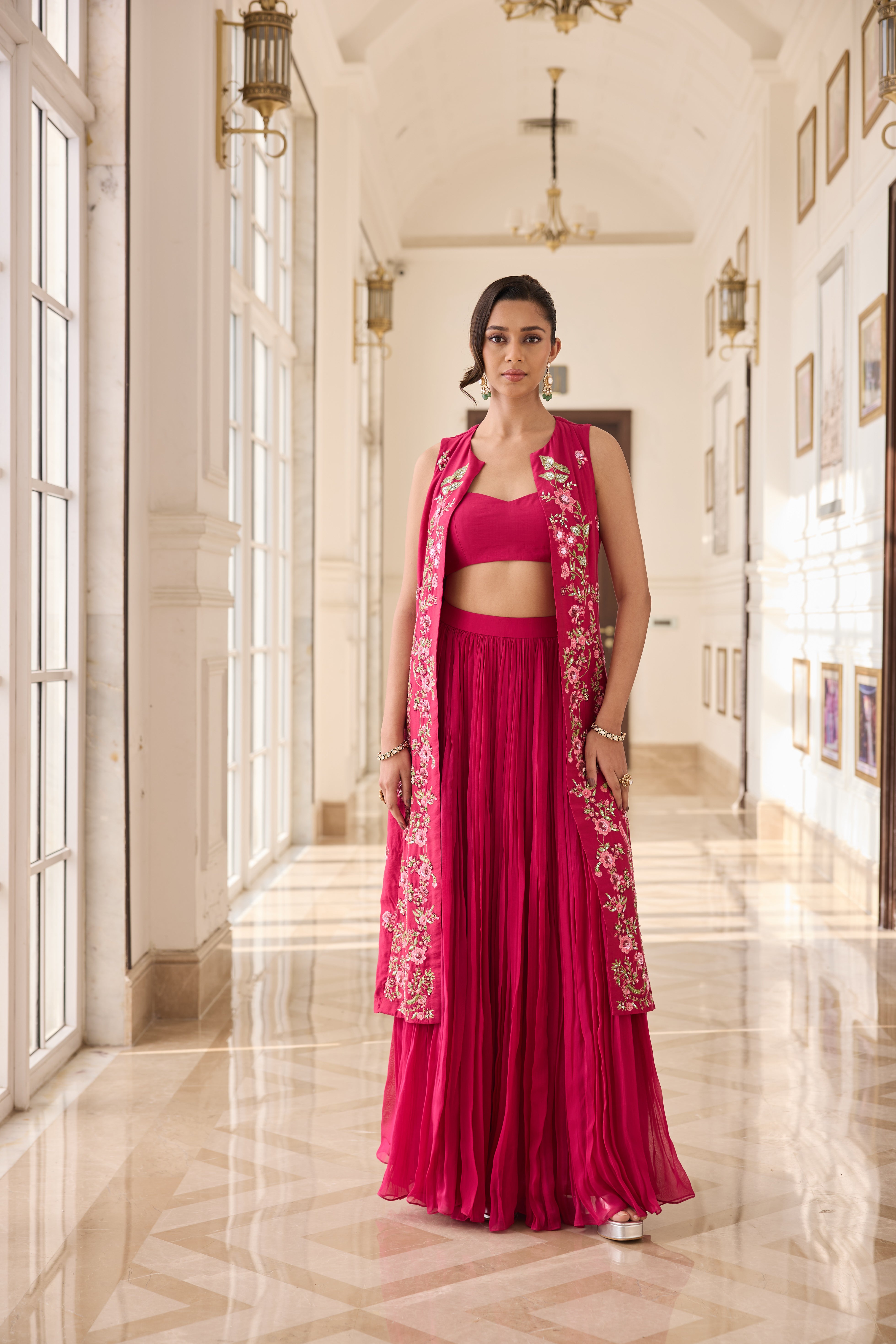 Hand Embelished Long jacket with Rushing Skirt and Bustier - Fuchsia Pink