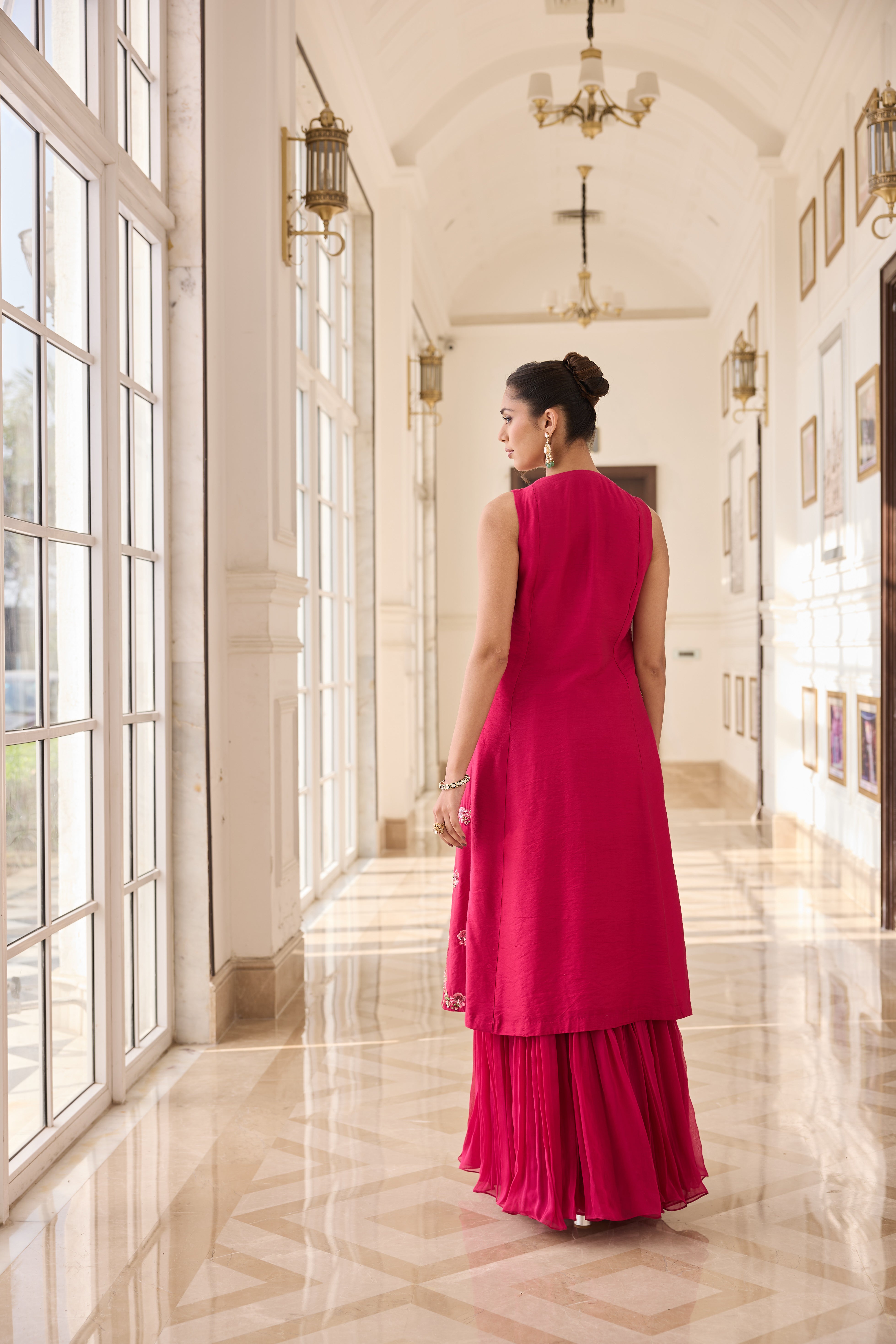 Hand Embelished Long jacket with Rushing Skirt and Bustier - Fuchsia Pink