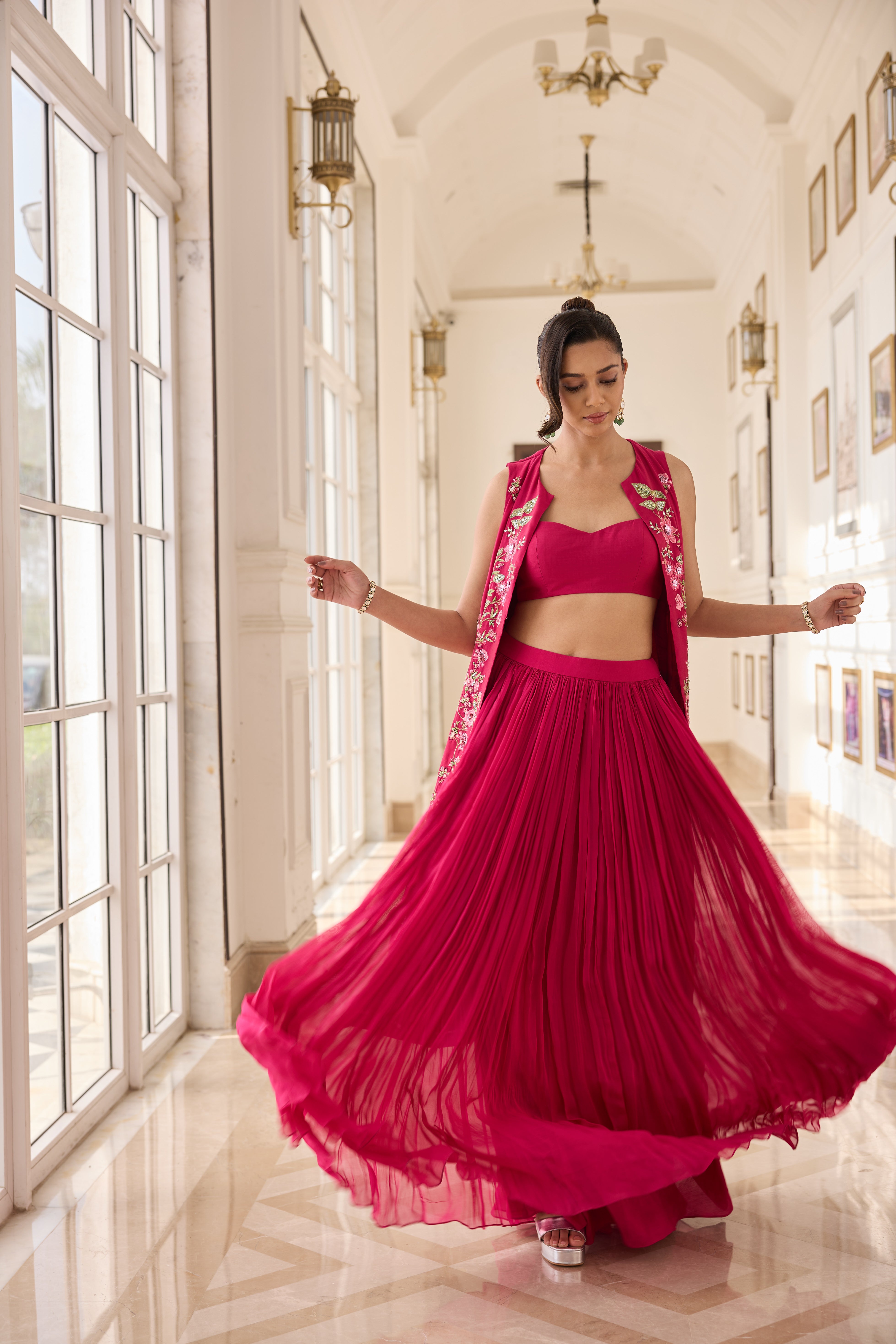 Hand Embelished Long jacket with Rushing Skirt and Bustier - Fuchsia Pink