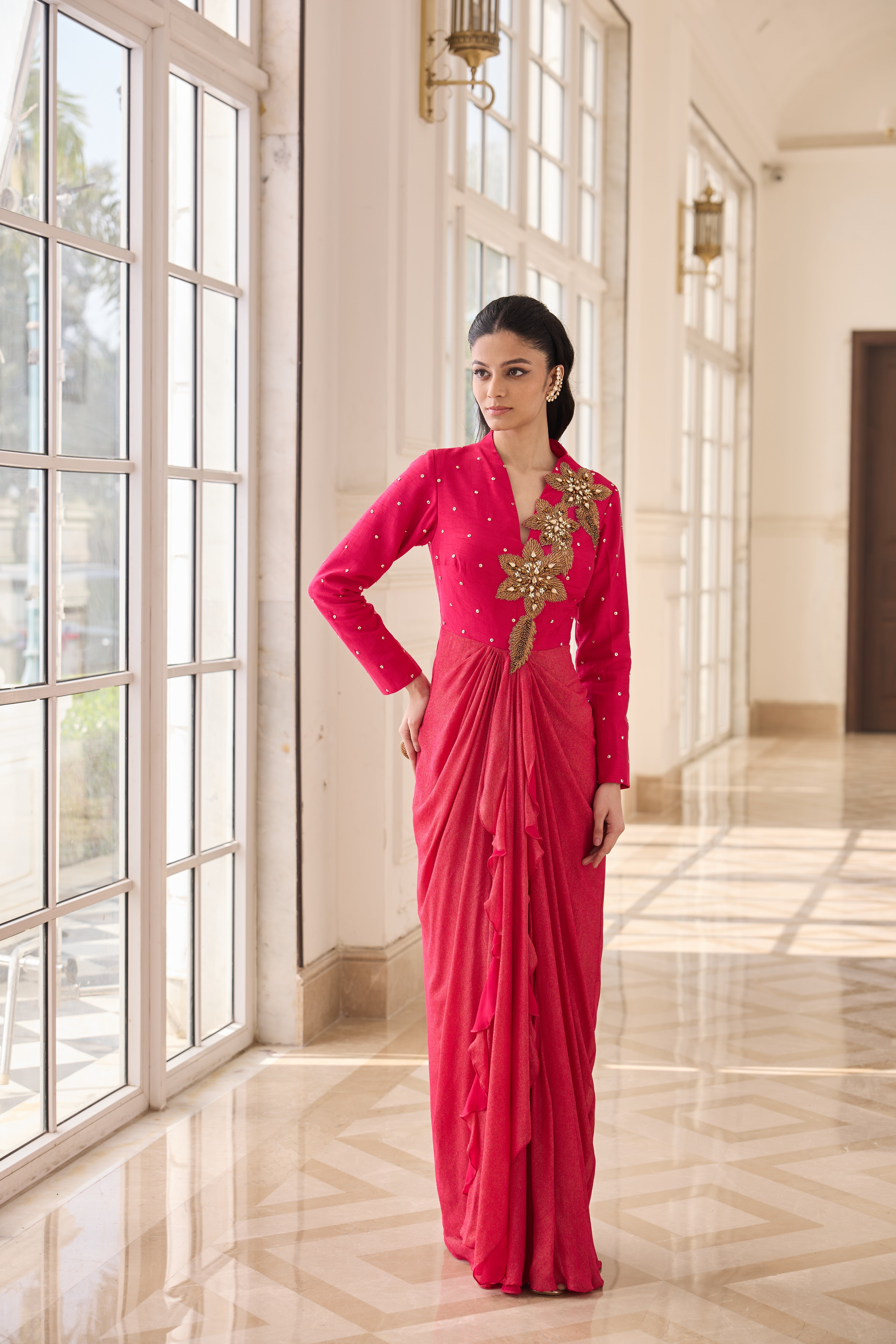 Hand-Embelished Draped Dress