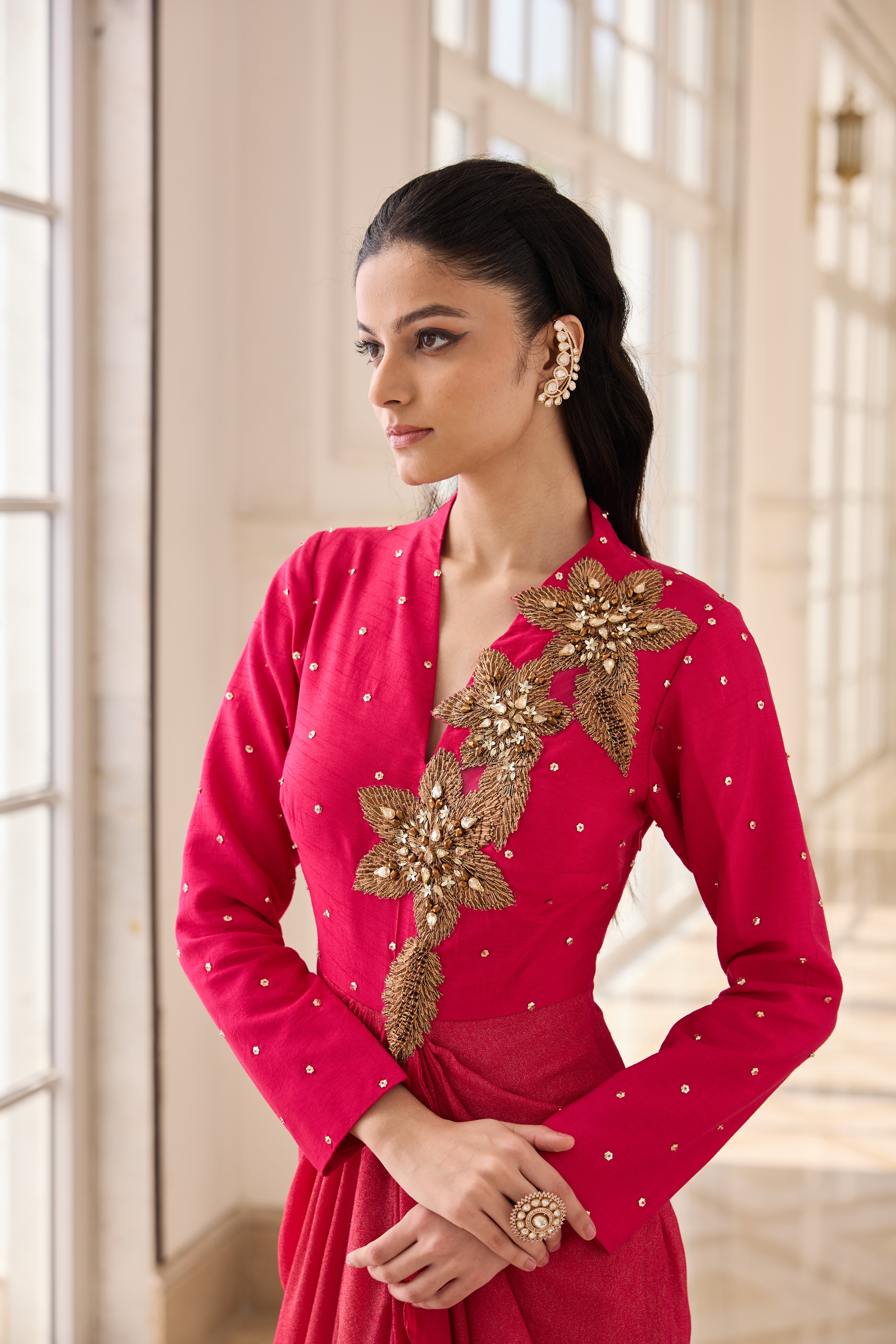 Hand-Embelished Draped Dress