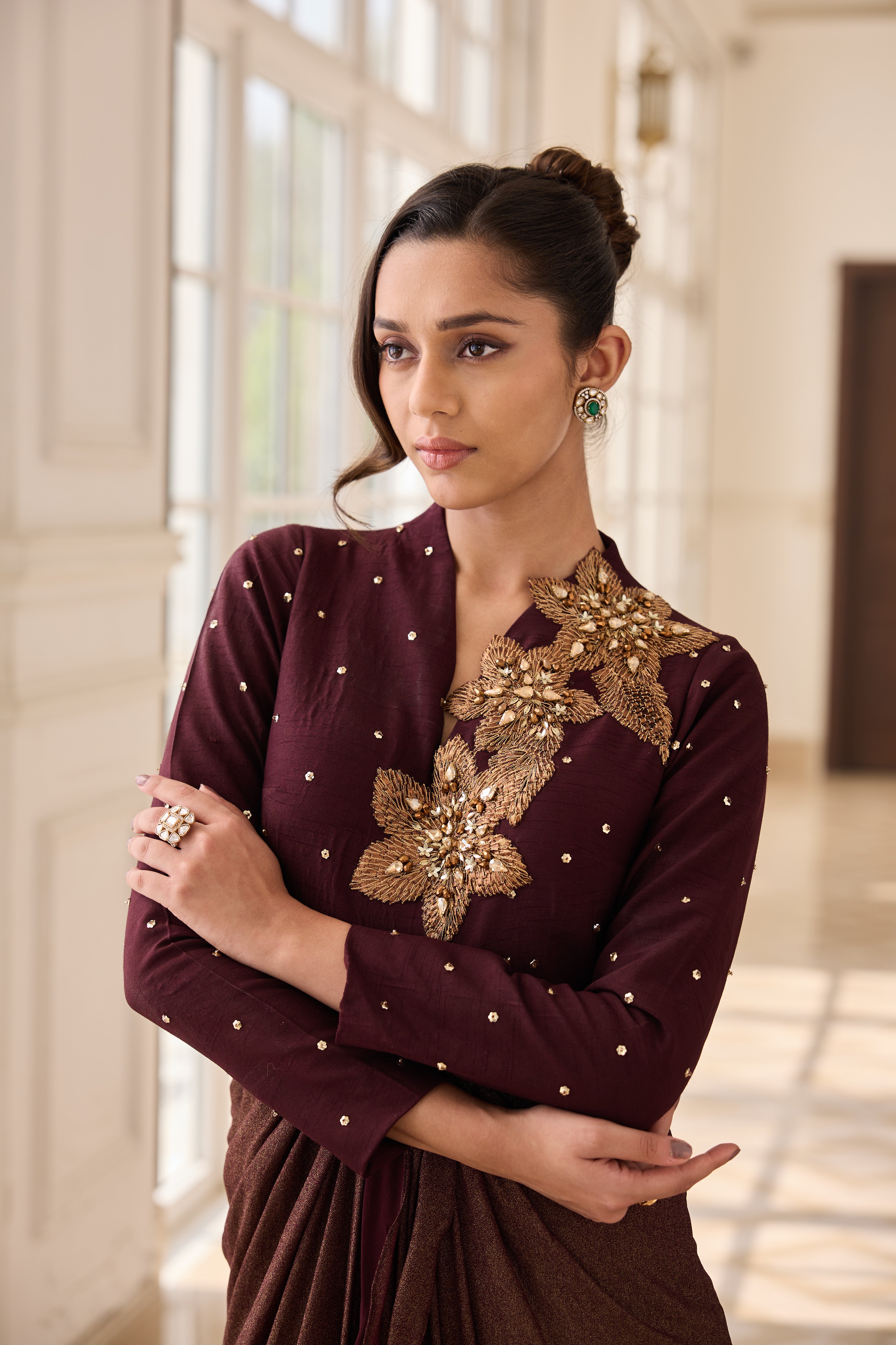 Hand-Embelished Draped Dress