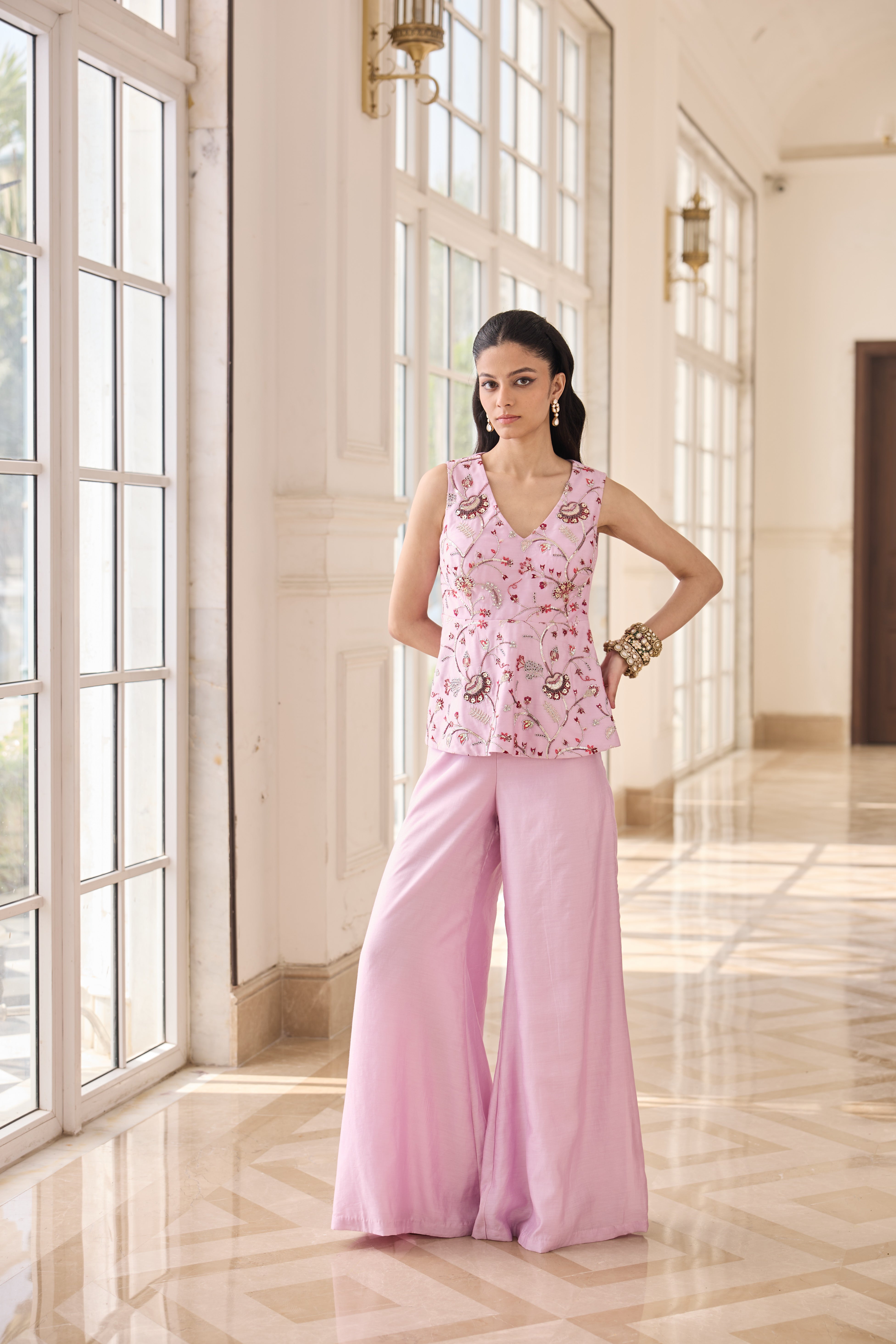 Hand Embroidered Peplum with Trousers - Powder Pink