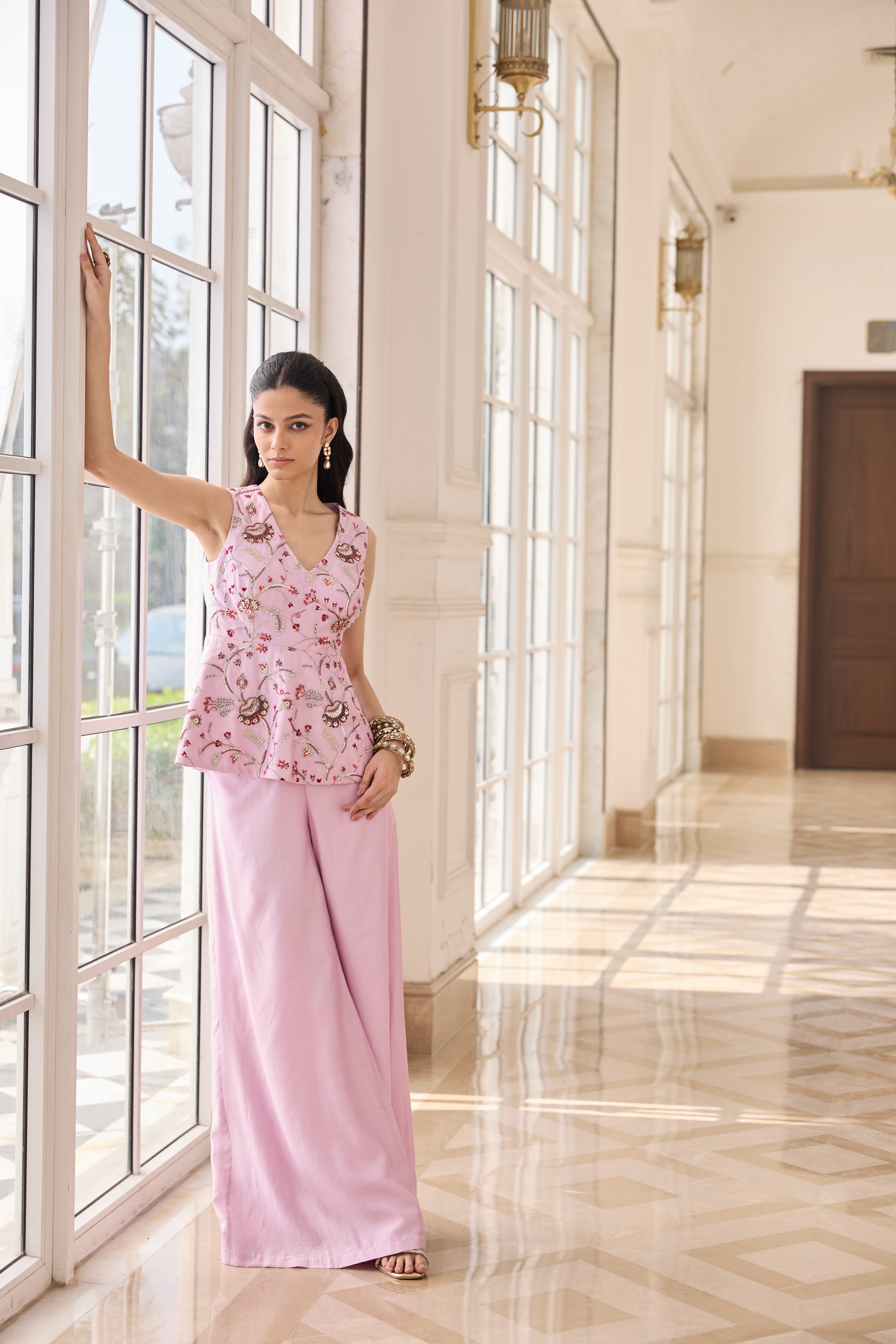 Hand Embroidered Peplum with Trousers - Powder Pink