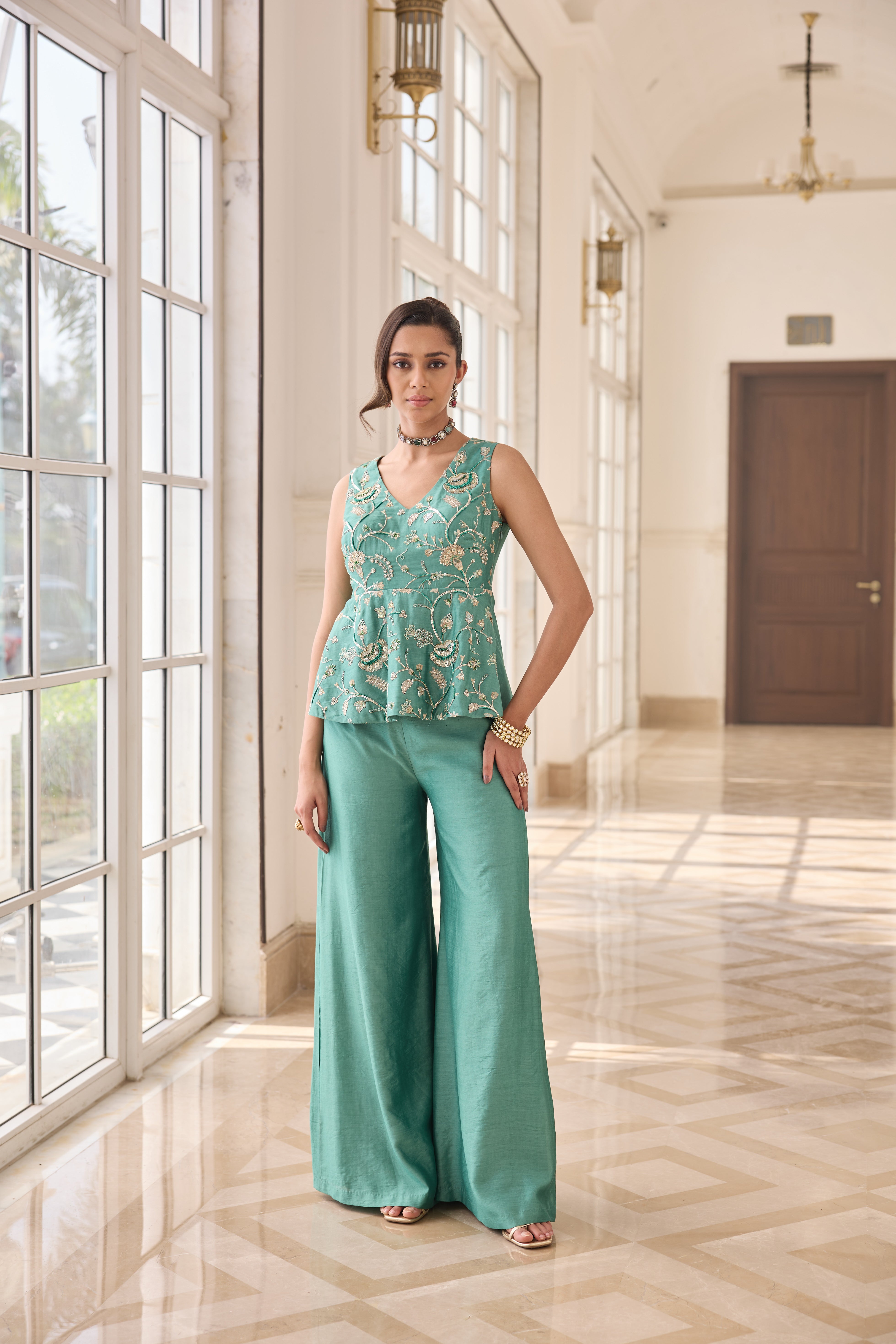 Hand Embroidered Peplum with Trousers - Aqua Green