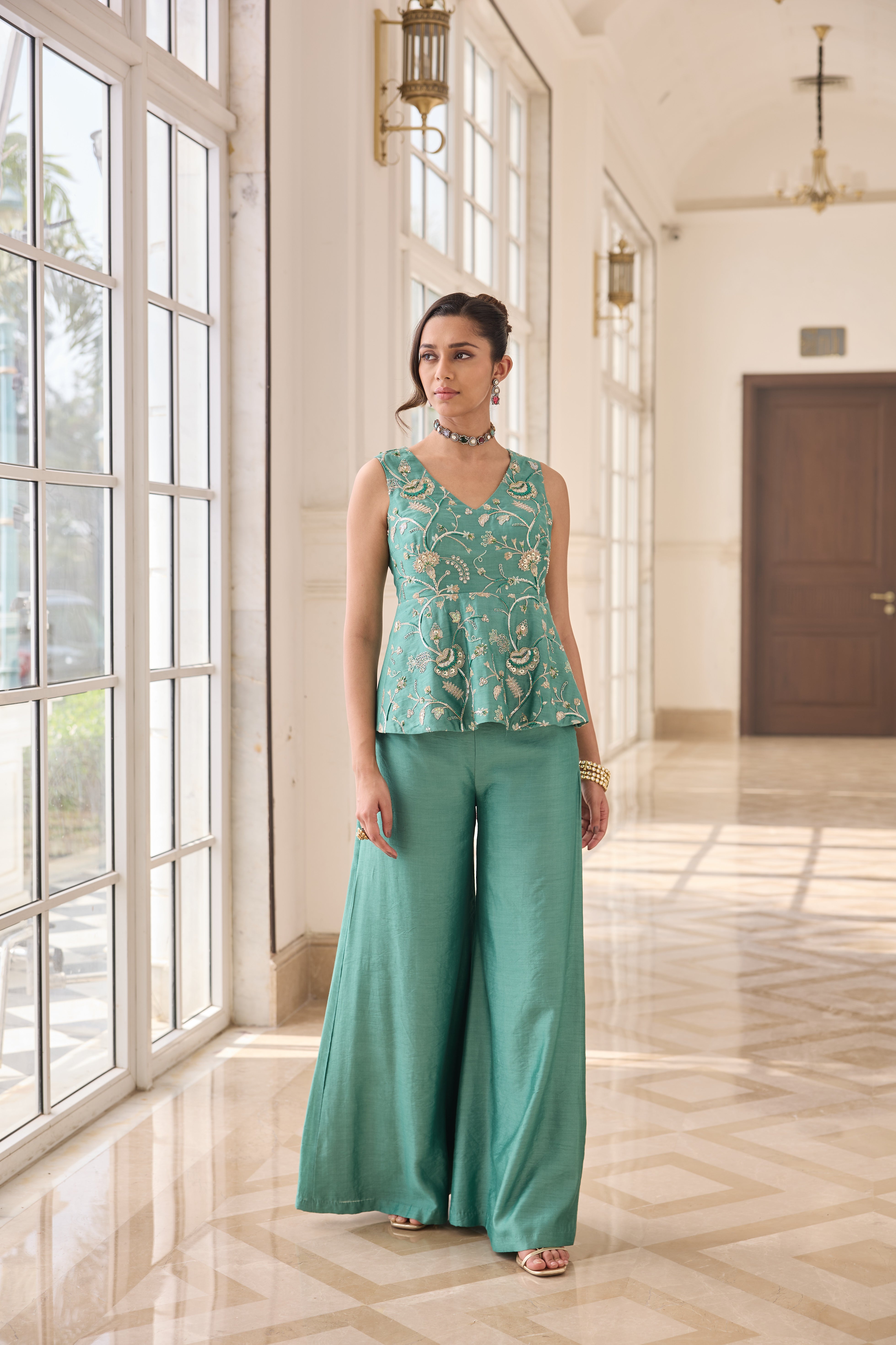 Hand Embroidered Peplum with Trousers - Aqua Green