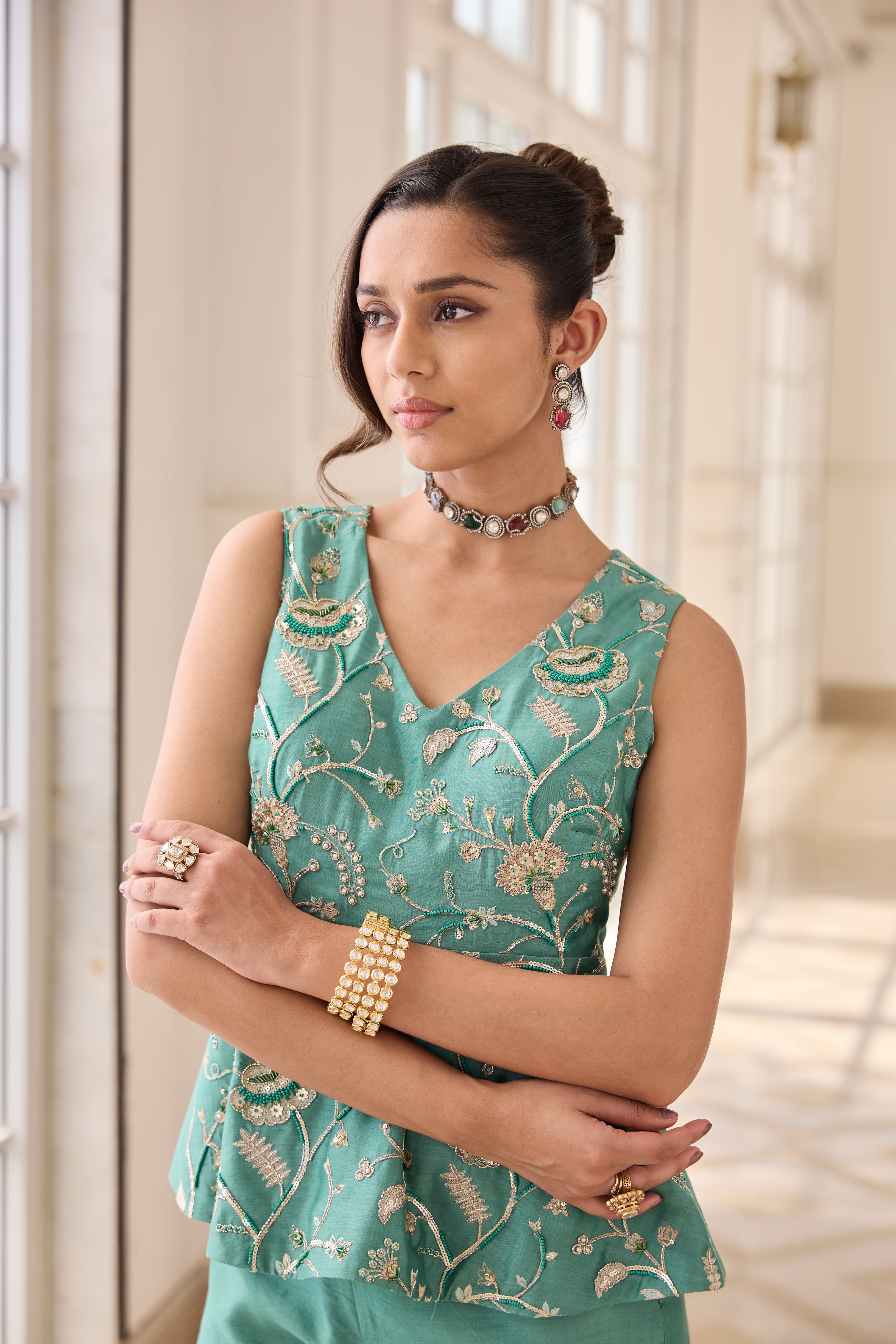 Hand Embroidered Peplum with Trousers - Aqua Green