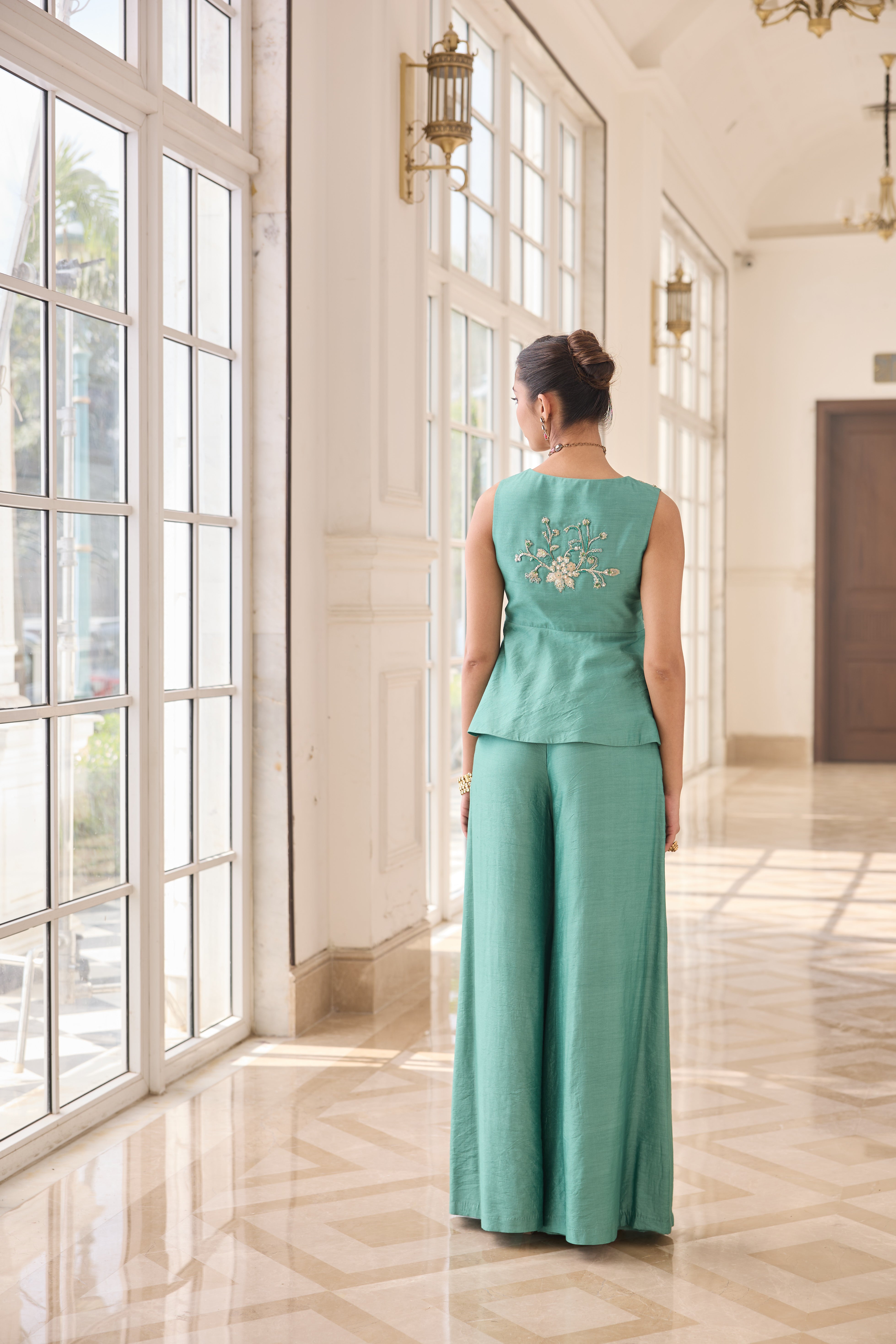Hand Embroidered Peplum with Trousers - Aqua Green