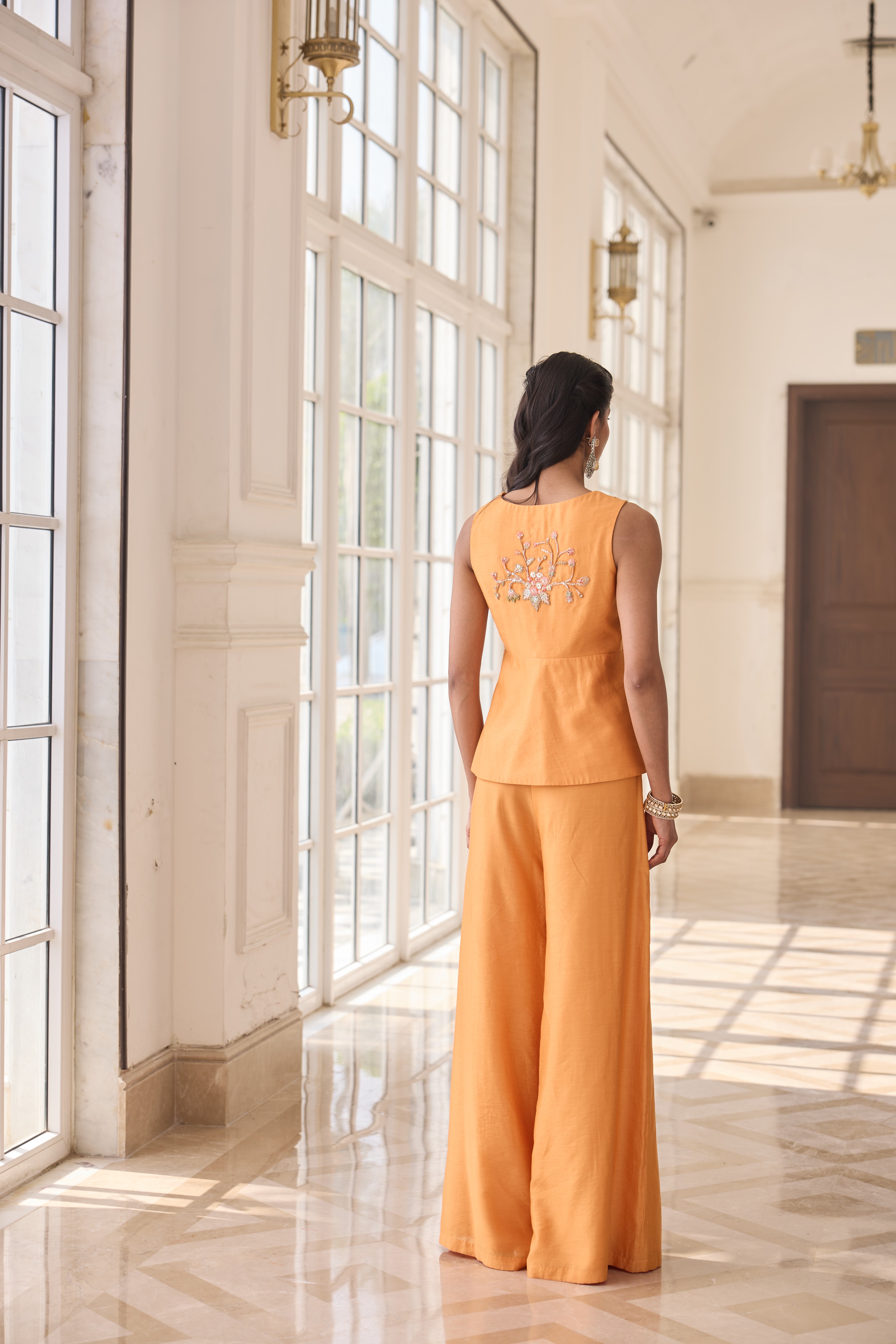 Hand Embroidered Peplum with Trousers - Autumn Orange