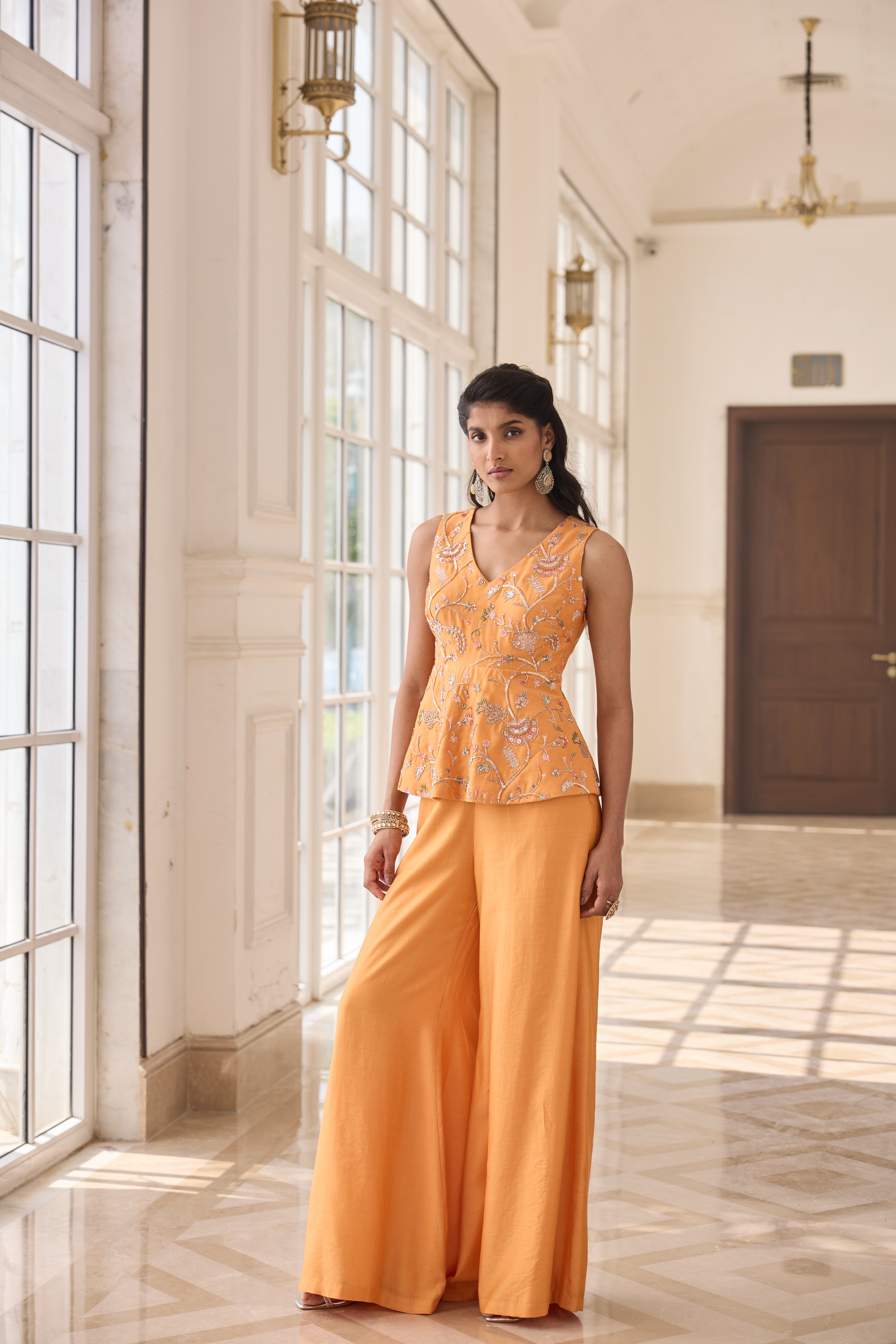 Hand Embroidered Peplum with Trousers - Autumn Orange
