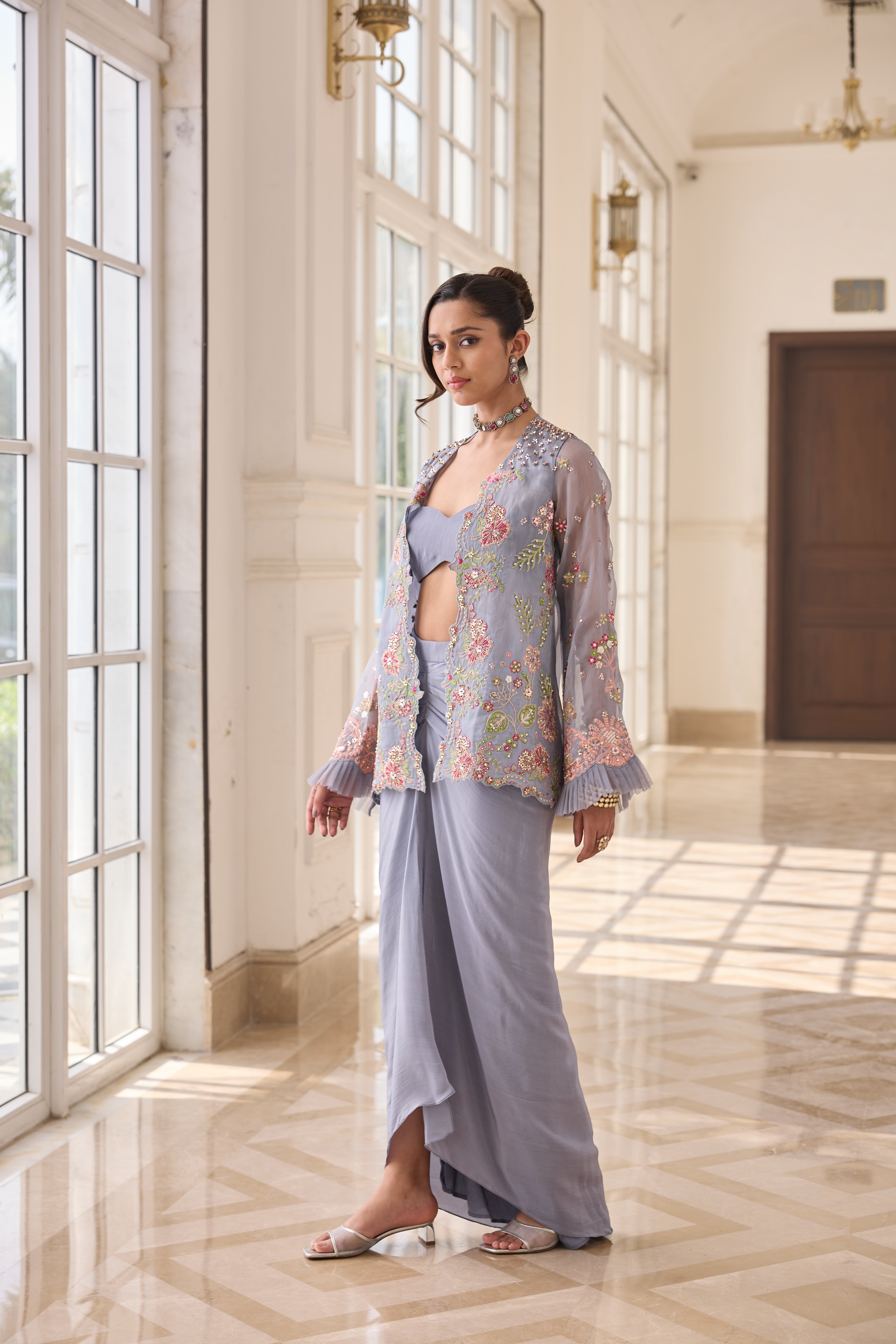 Hand Embroidered Jacket with Doti and Bustier - Powder blue