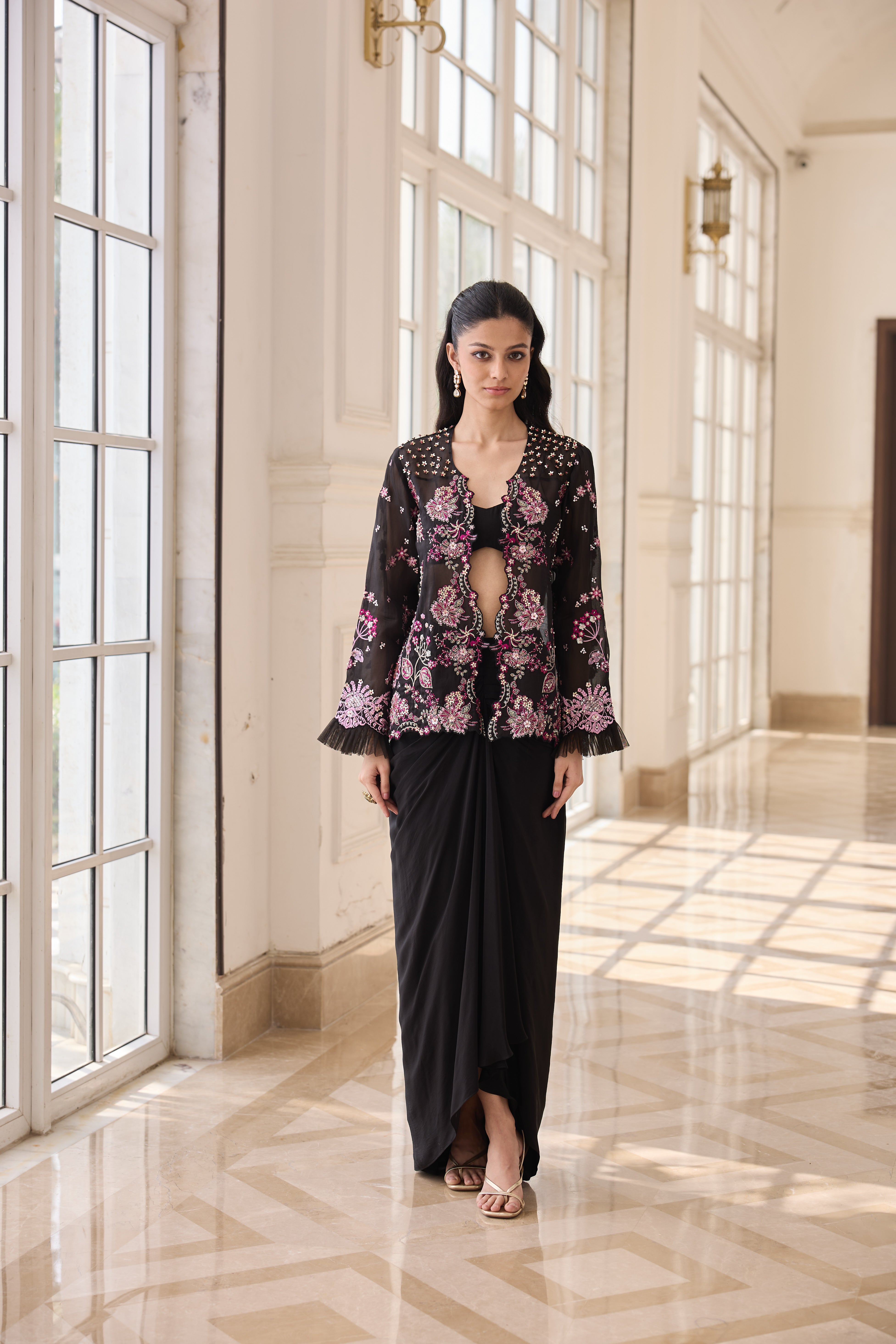 Hand Embroidered Jacket with Doti and Bustier - Black