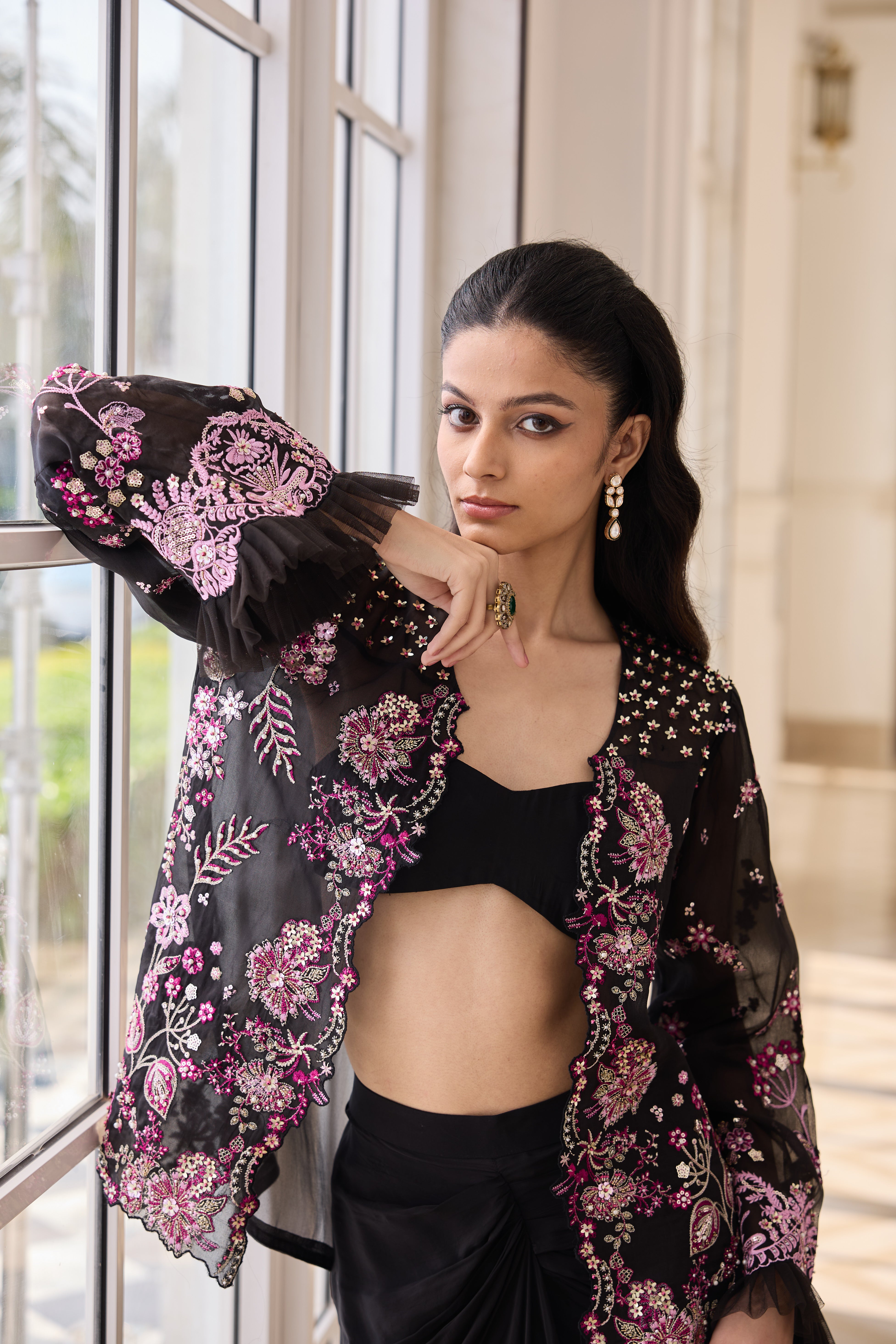 Hand Embroidered Jacket with Doti and Bustier - Black
