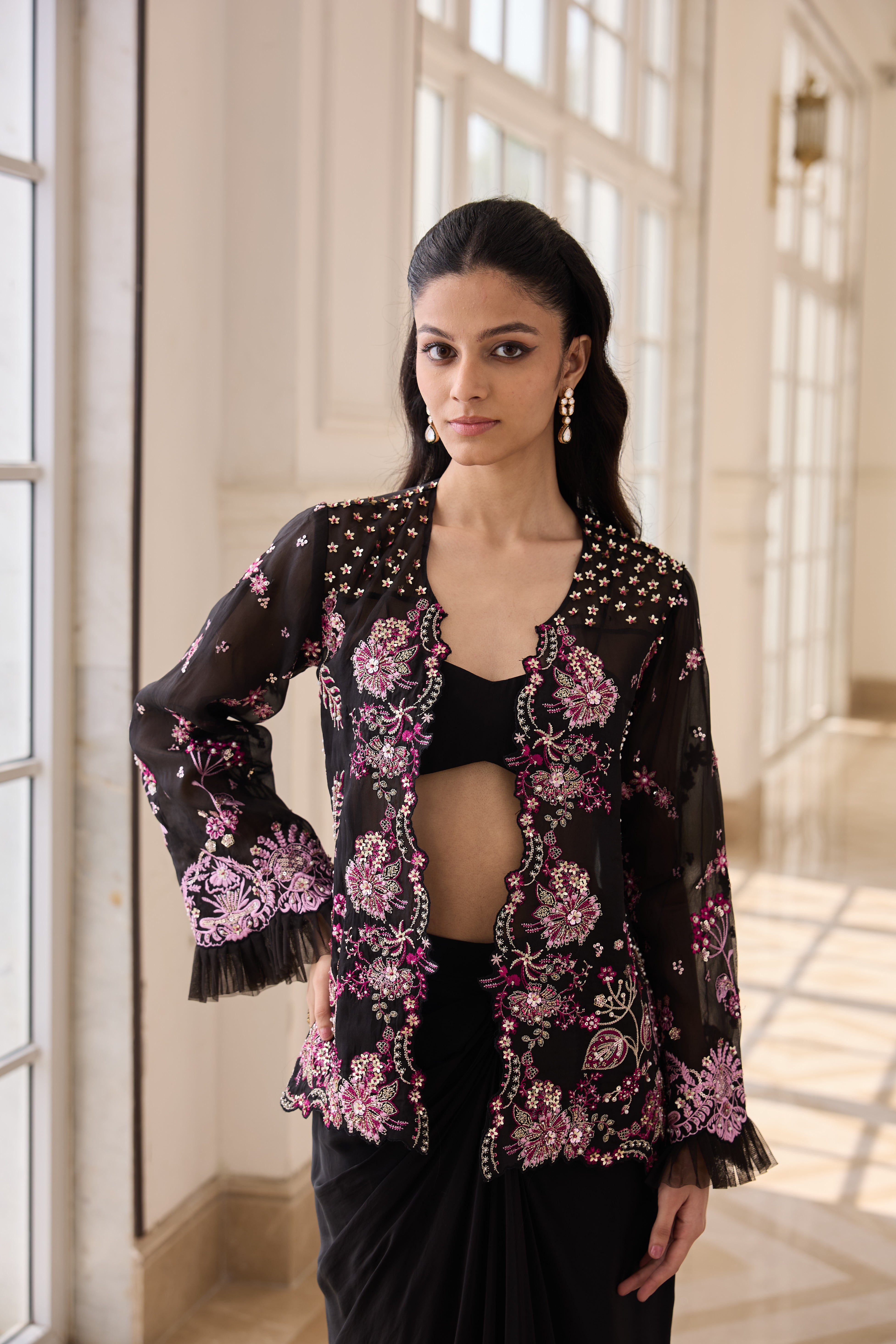 Hand Embroidered Jacket with Doti and Bustier - Black
