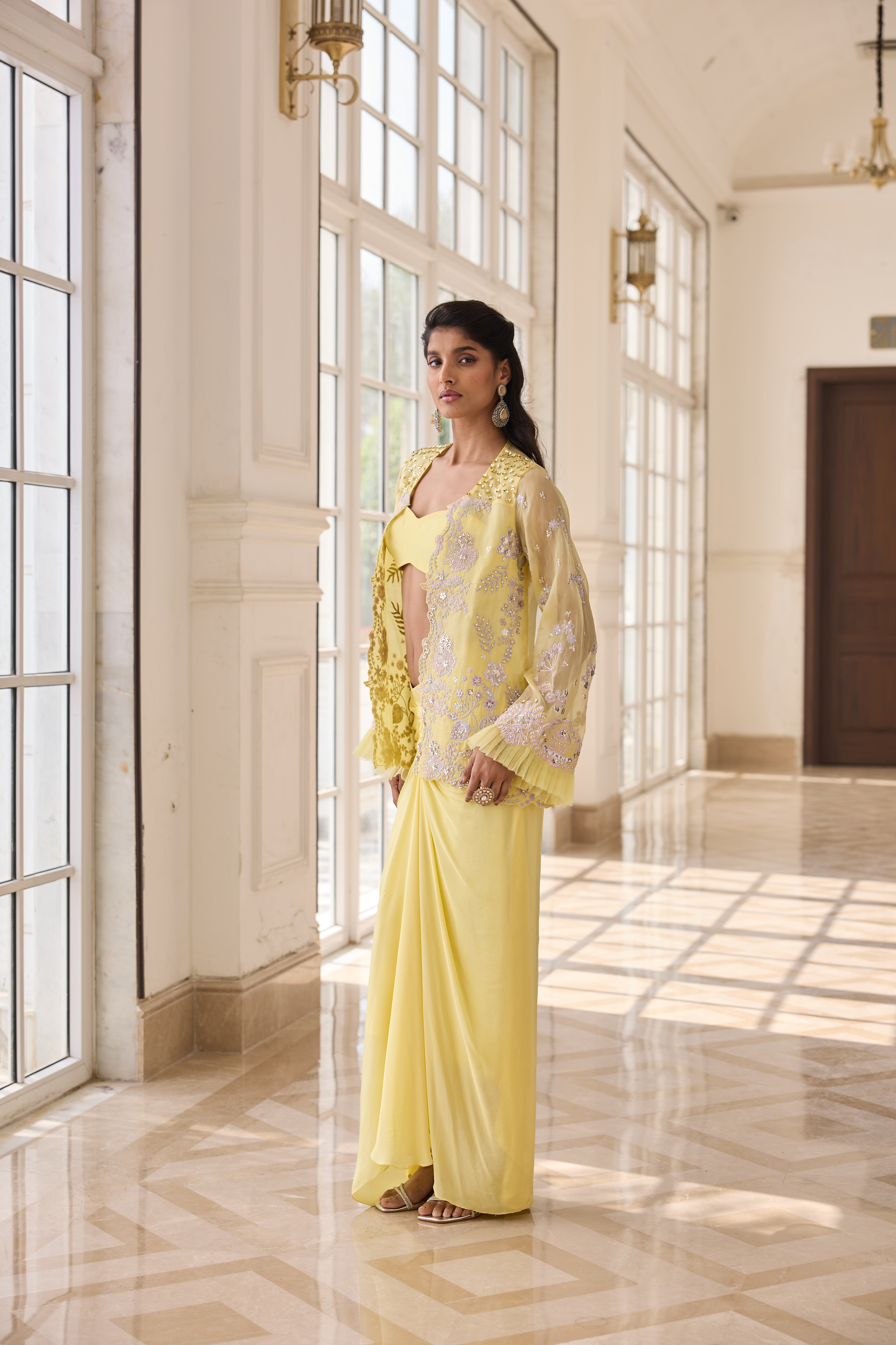 Hand Embroidered Jacket with Doti and Bustier - yellow