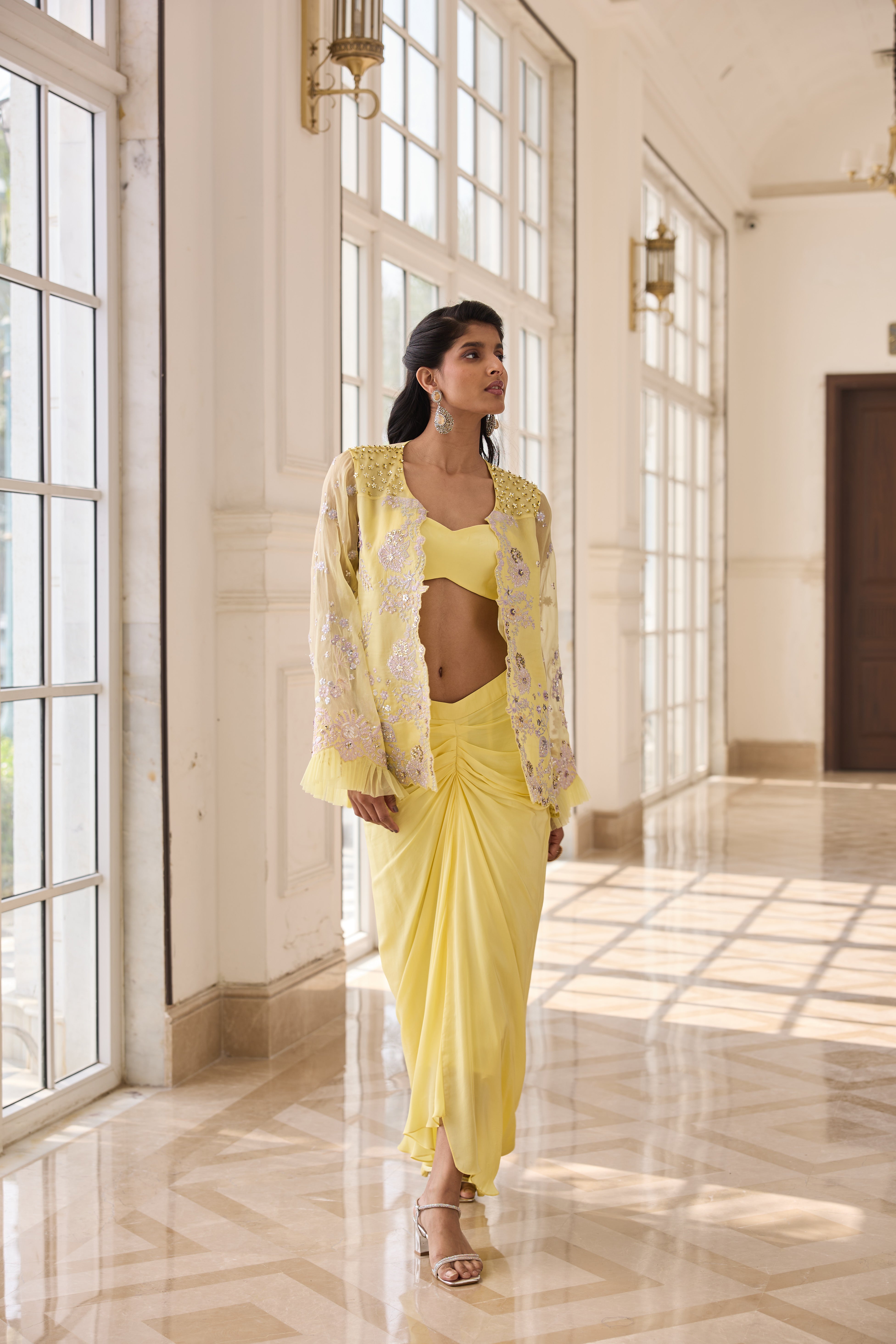 Hand Embroidered Jacket with Doti and Bustier - yellow