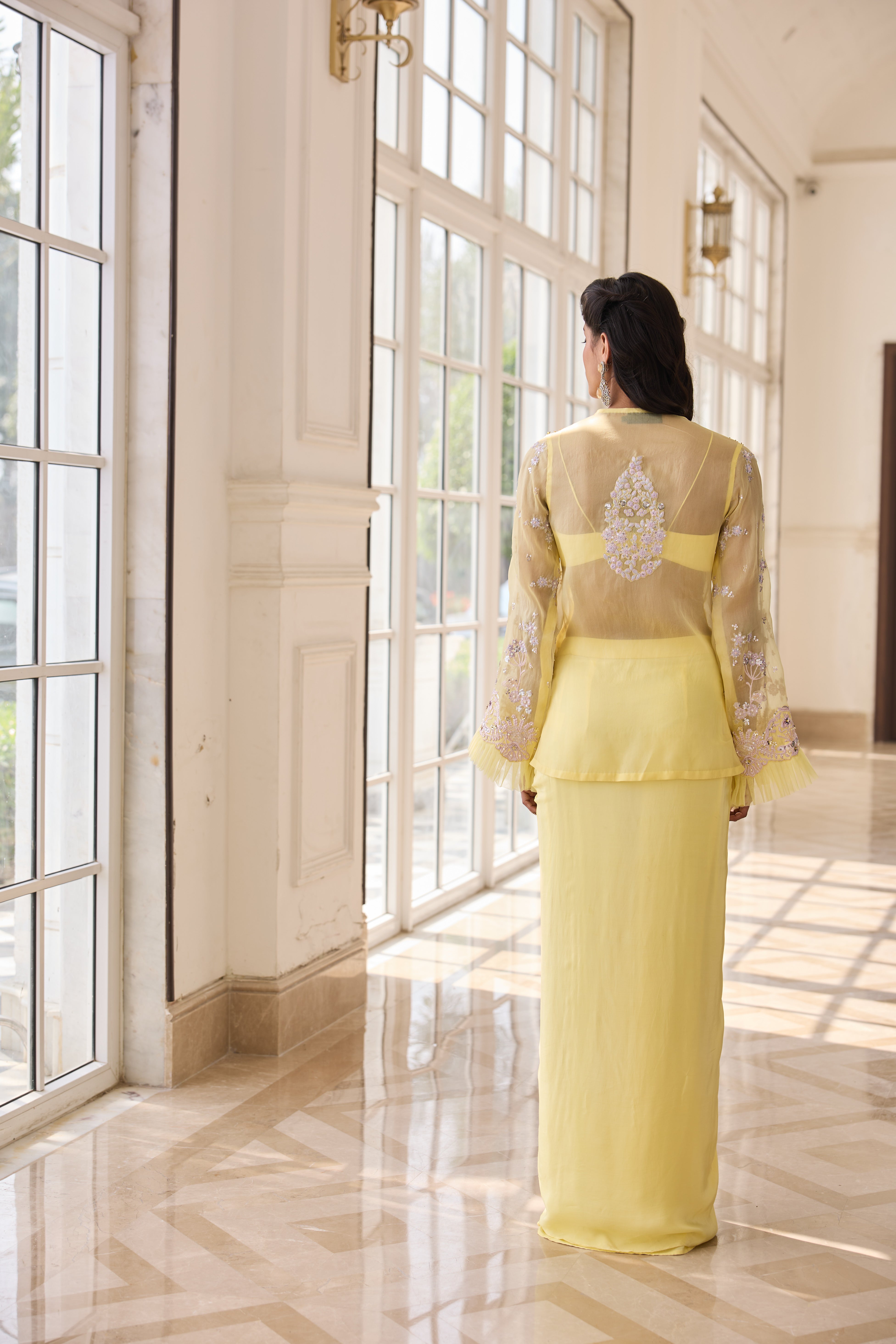 Hand Embroidered Jacket with Doti and Bustier - yellow