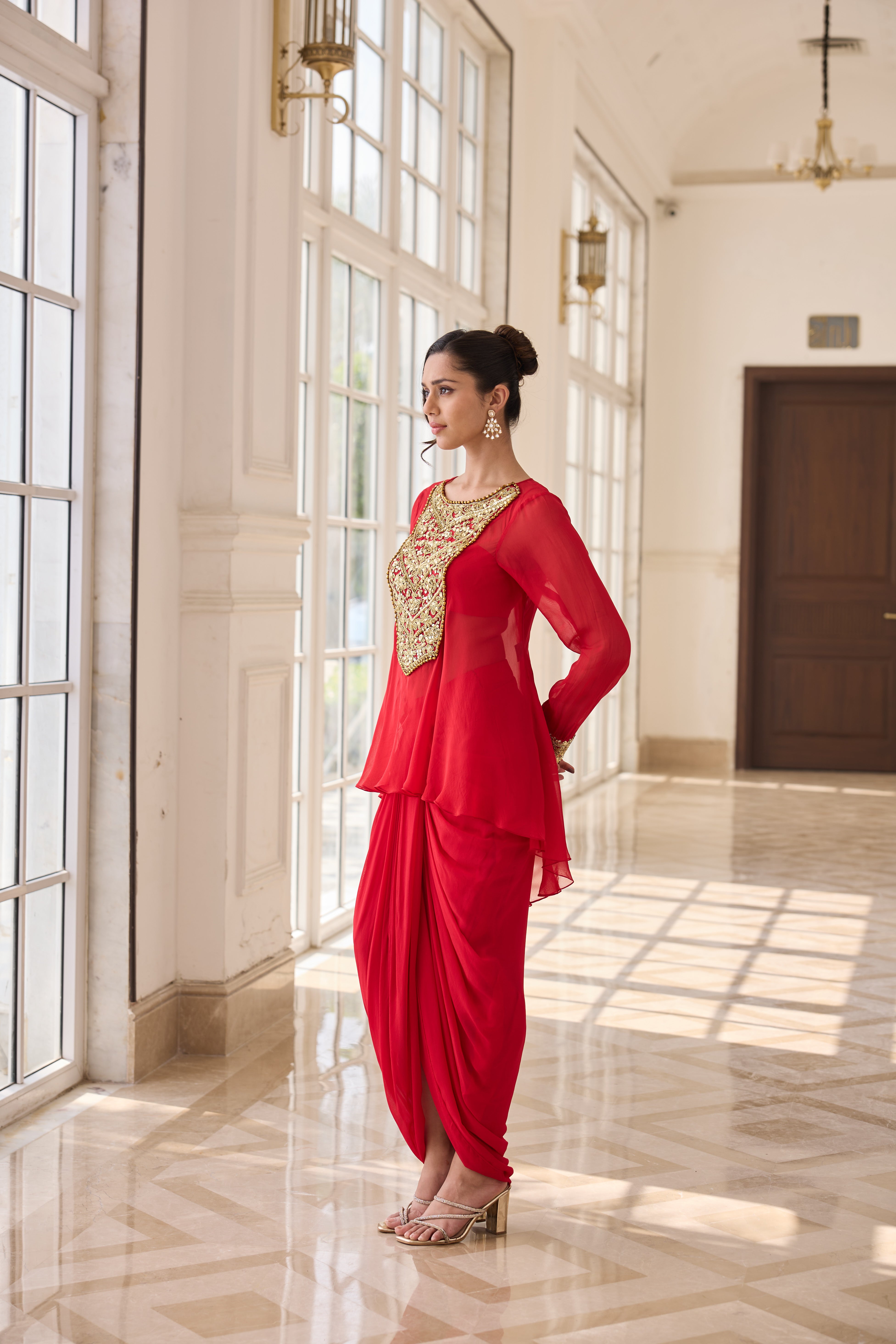 Hand Embelished and Dori-work Short Kurta with Dhoti Skirt