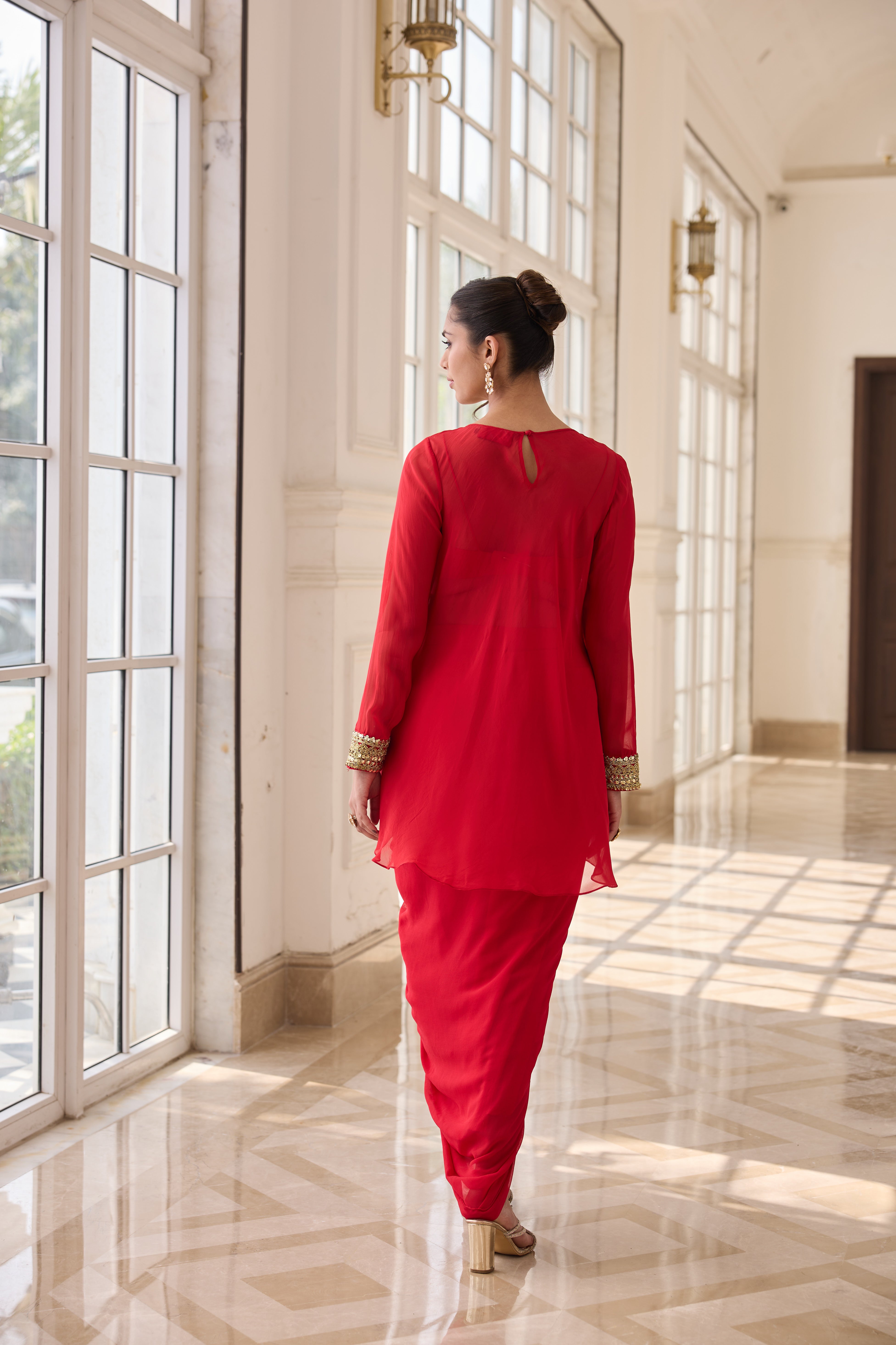 Hand Embelished and Dori-work Short Kurta with Dhoti Skirt