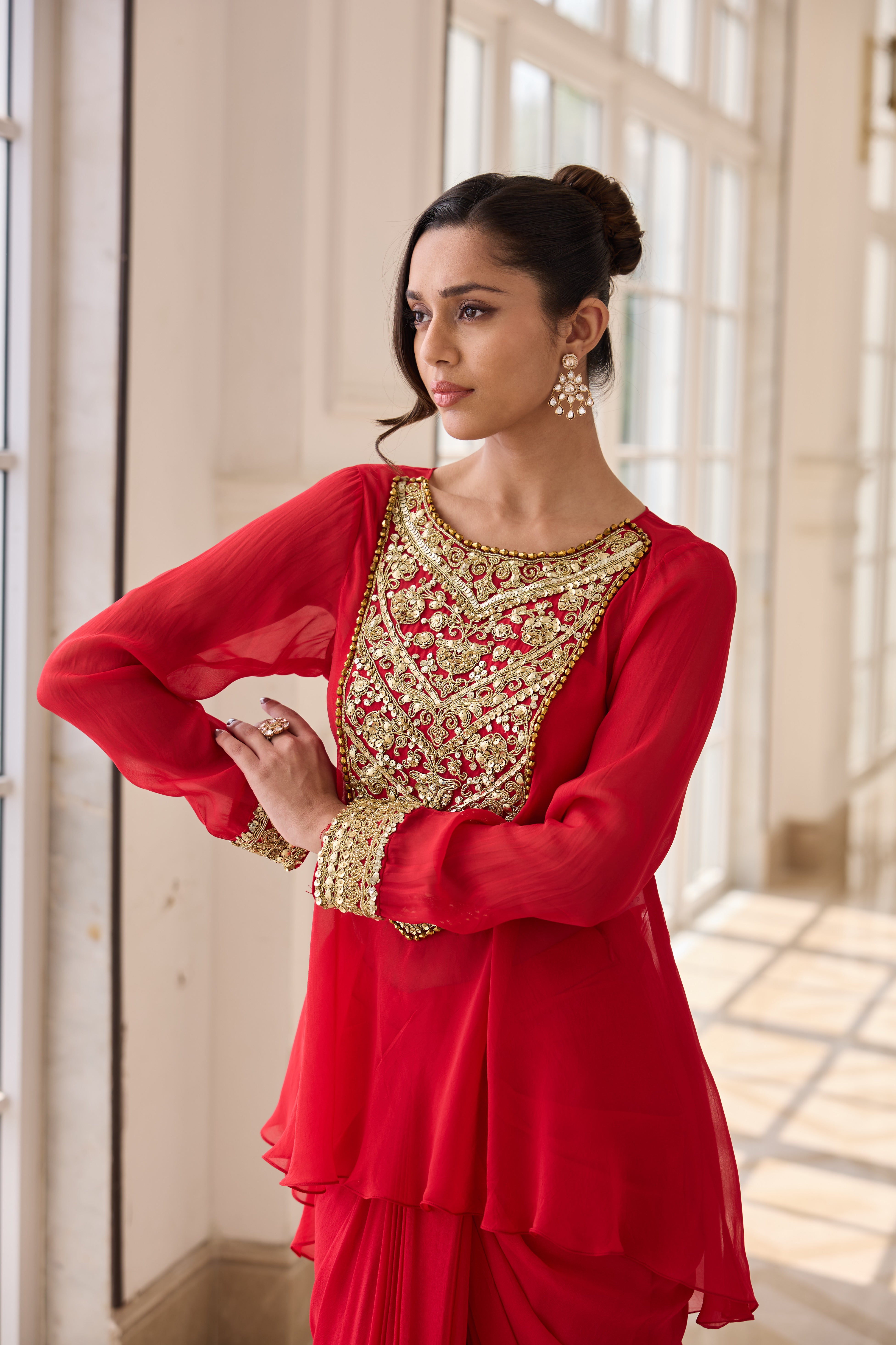 Hand Embelished and Dori-work Short Kurta with Dhoti Skirt