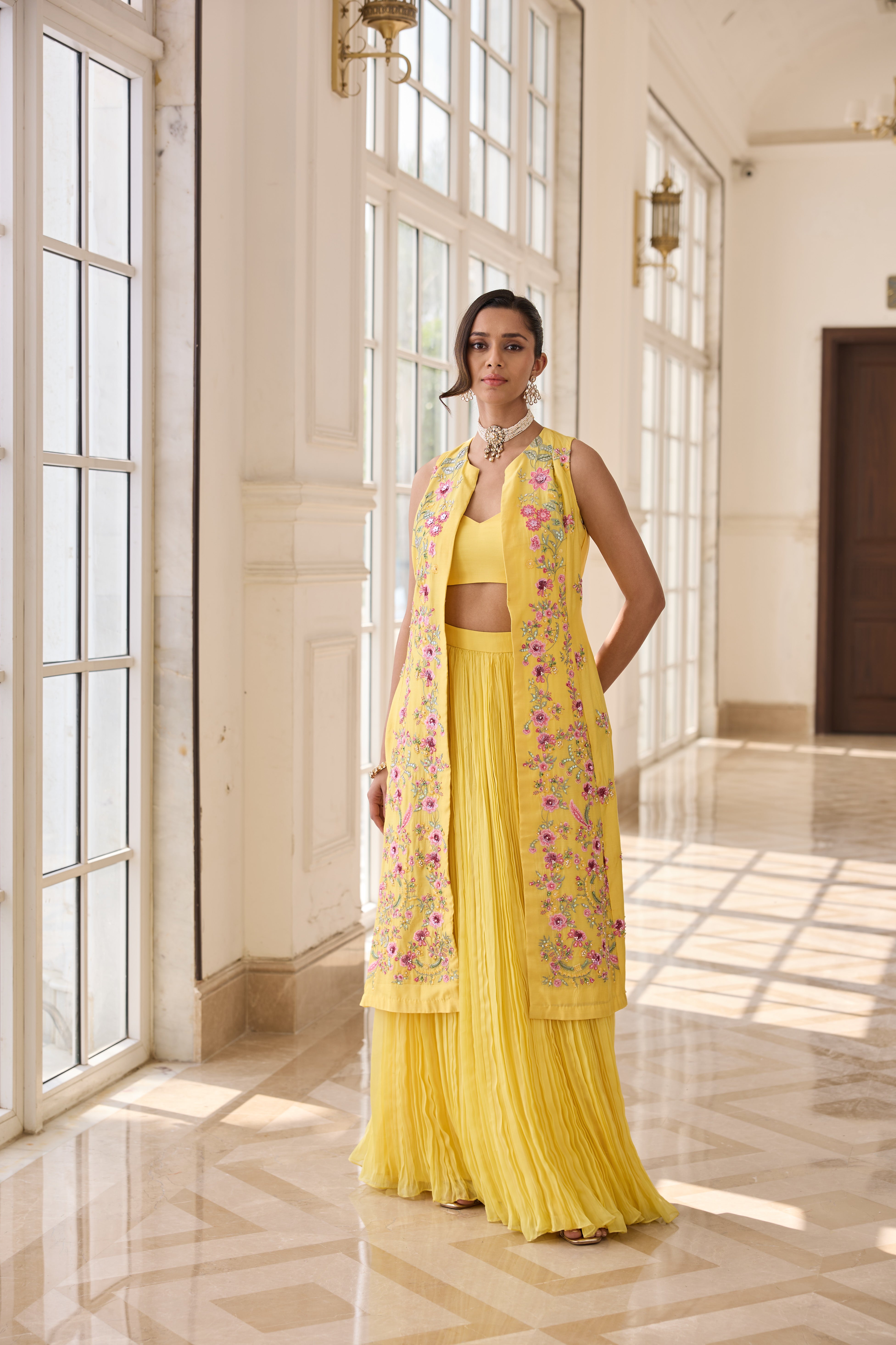 Hand Embelished Long jacket with Rushing Skirt and Bustier - Yellow