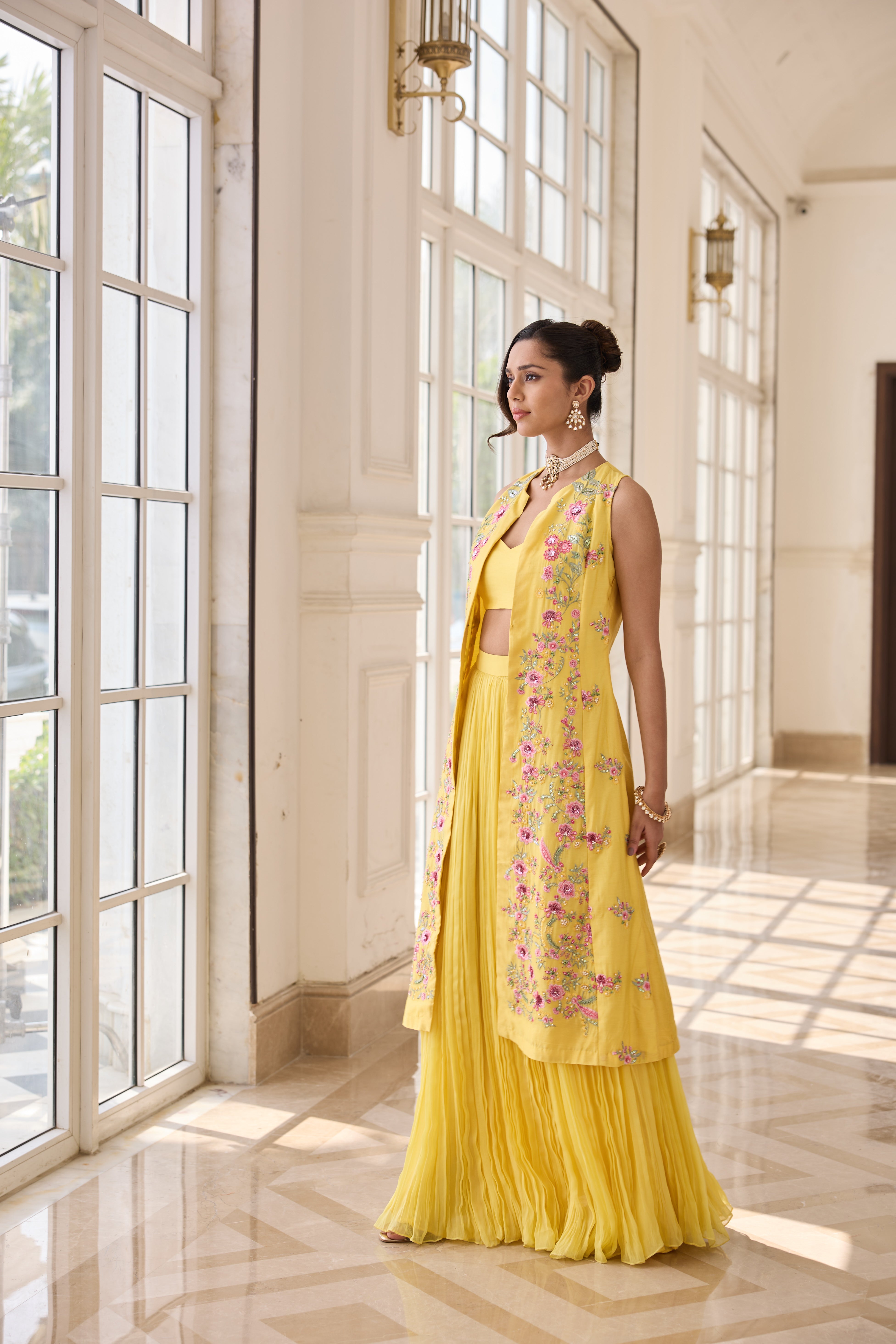 Hand Embroidered Long jacket with Rushing Skirt and Bustier - Yellow