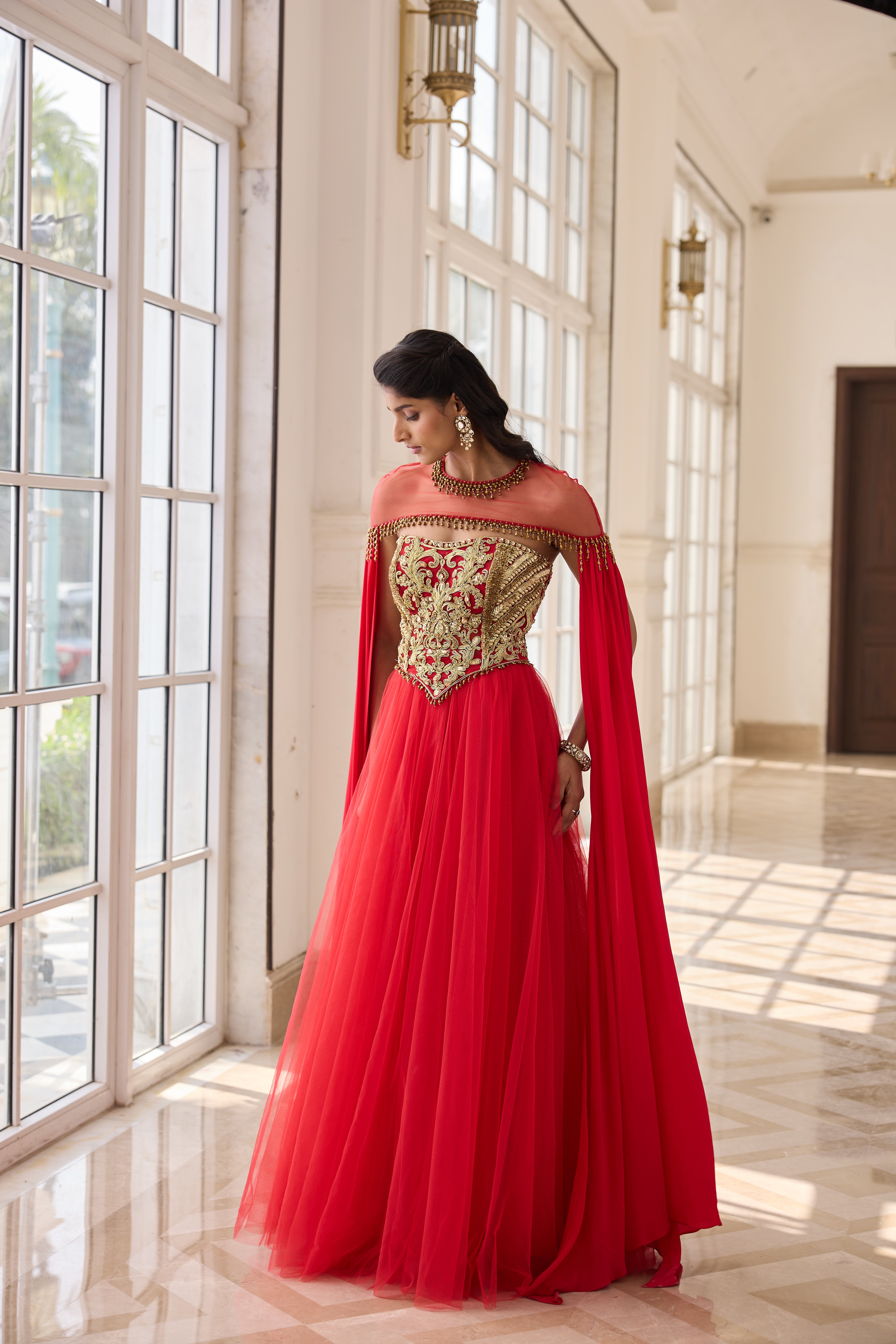 Hand Embroidered and Dori-Work Anarkali with Cape