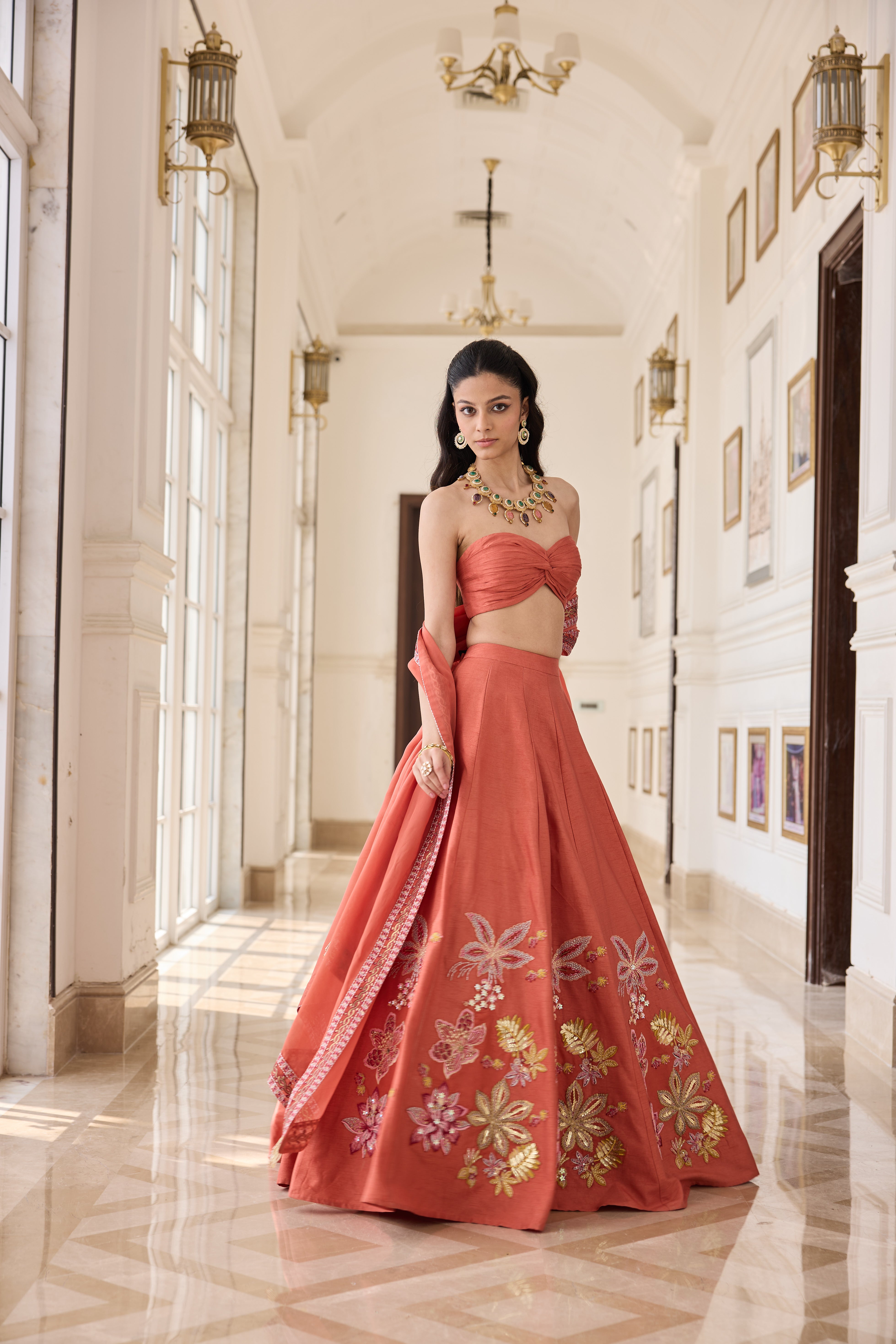 Hand Embellished Lehenga with Twisted Bustier and Dupatta - Soft Orange