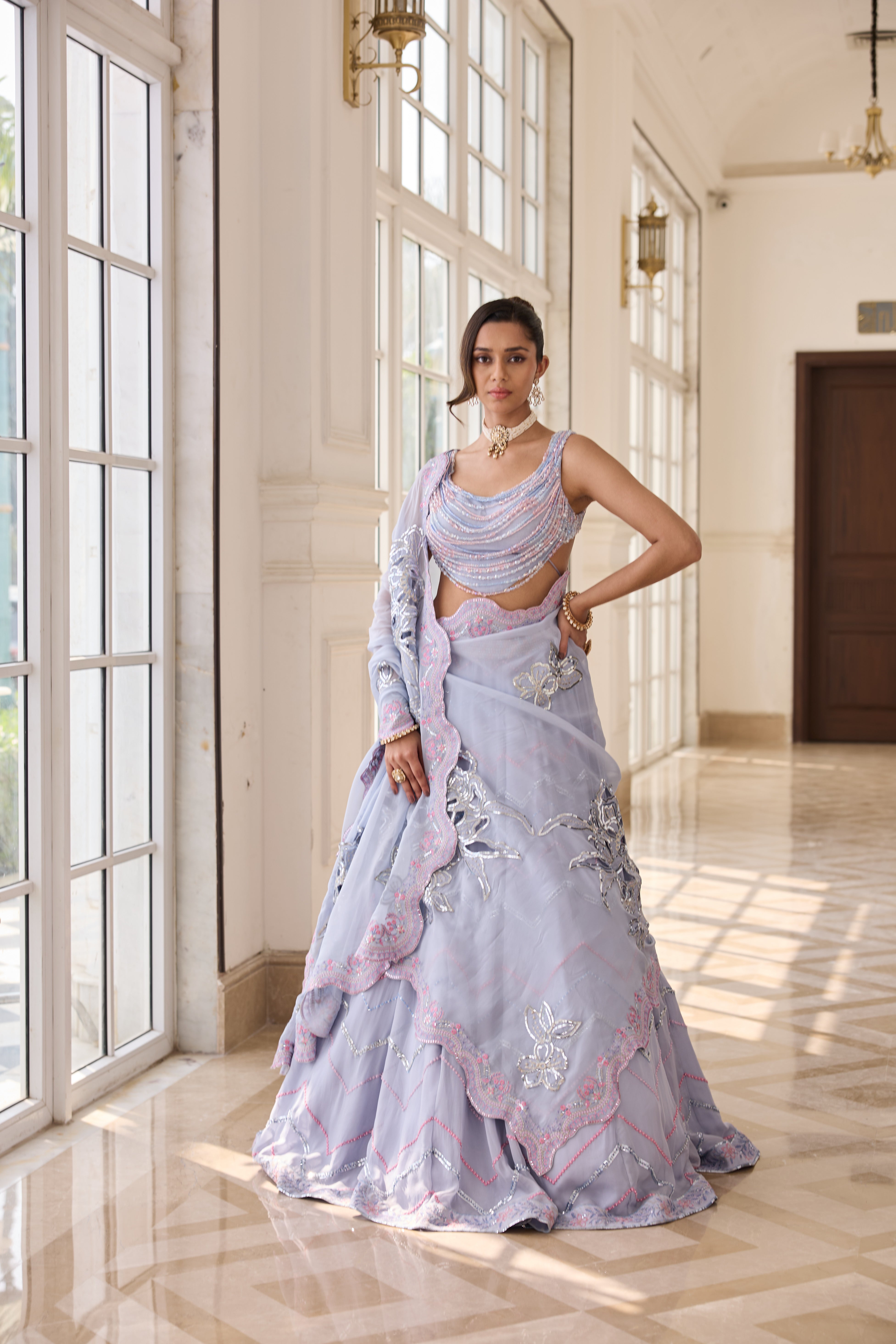 Hand Embelished Crystal Embroidered Lehenga and Dupatta - Powder blue