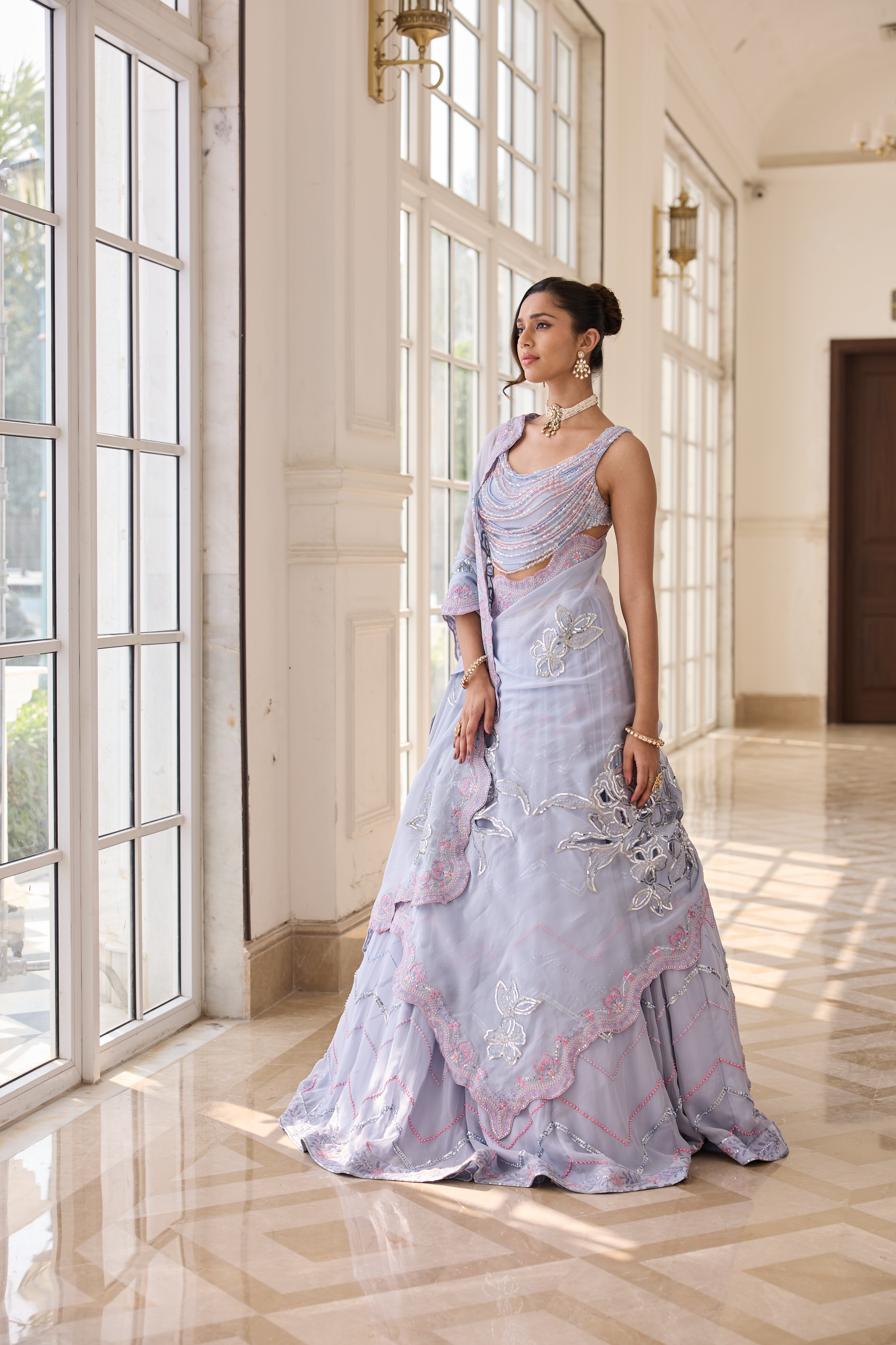 Hand Embelished Crystal Embroidered Lehenga and Dupatta - Powder blue